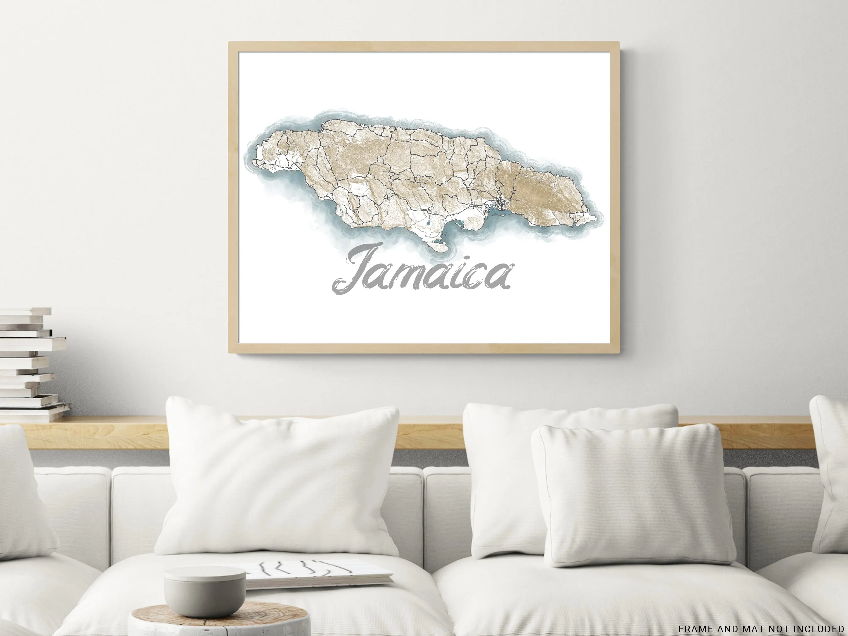 Jamaica Map Wall Art Print Poster, Caribbean Watercolor Style Contour Maps, Kingston Negril Montego Bay Ocho Rios