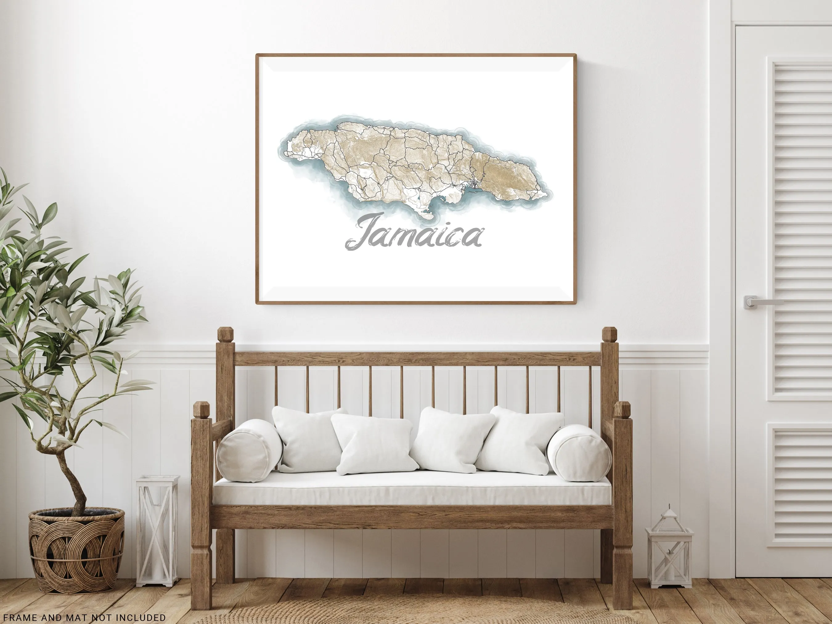 Jamaica Map Wall Art Print Poster, Caribbean Watercolor Style Contour Maps, Kingston Negril Montego Bay Ocho Rios