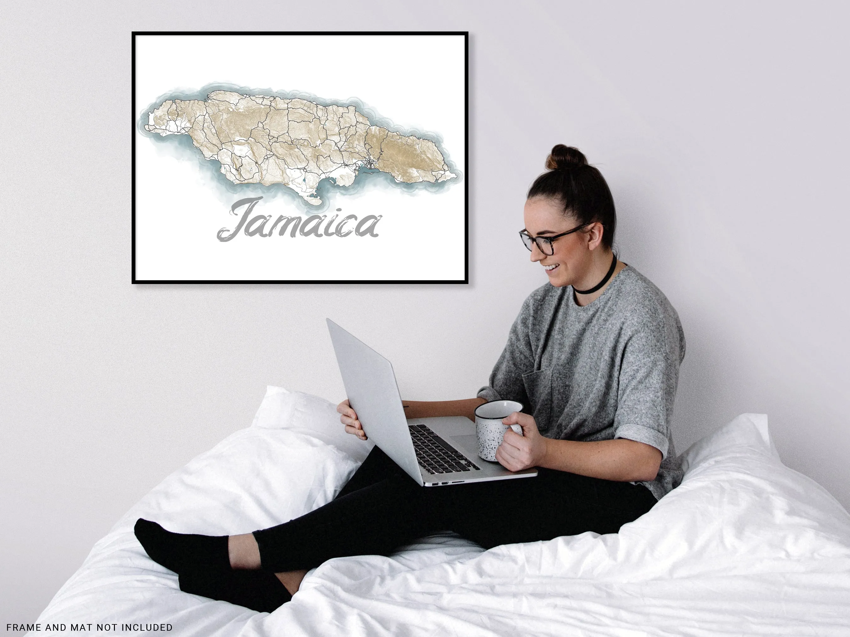 Jamaica Map Wall Art Print Poster, Caribbean Watercolor Style Contour Maps, Kingston Negril Montego Bay Ocho Rios