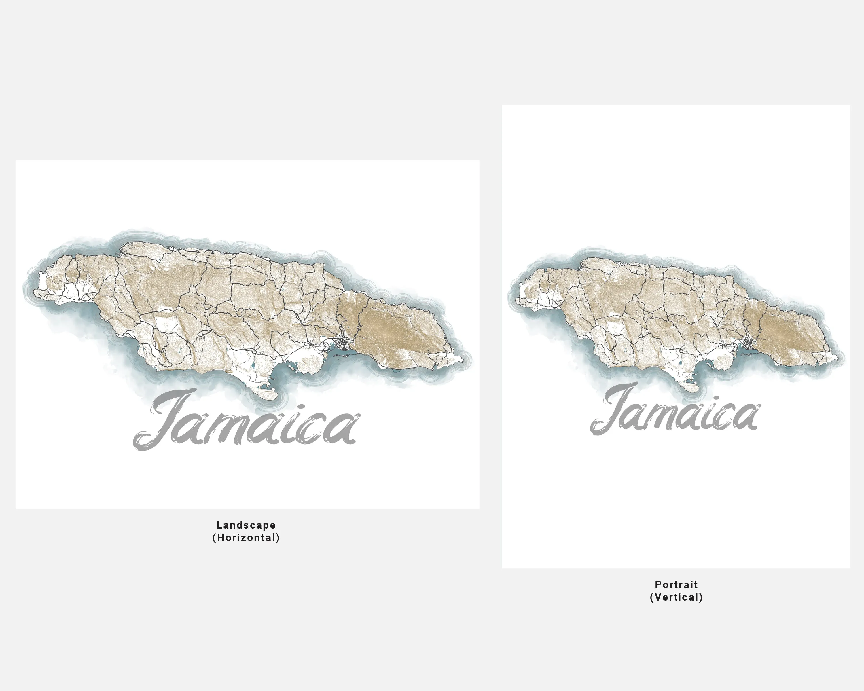 Jamaica Map Wall Art Print Poster, Caribbean Watercolor Style Contour Maps, Kingston Negril Montego Bay Ocho Rios