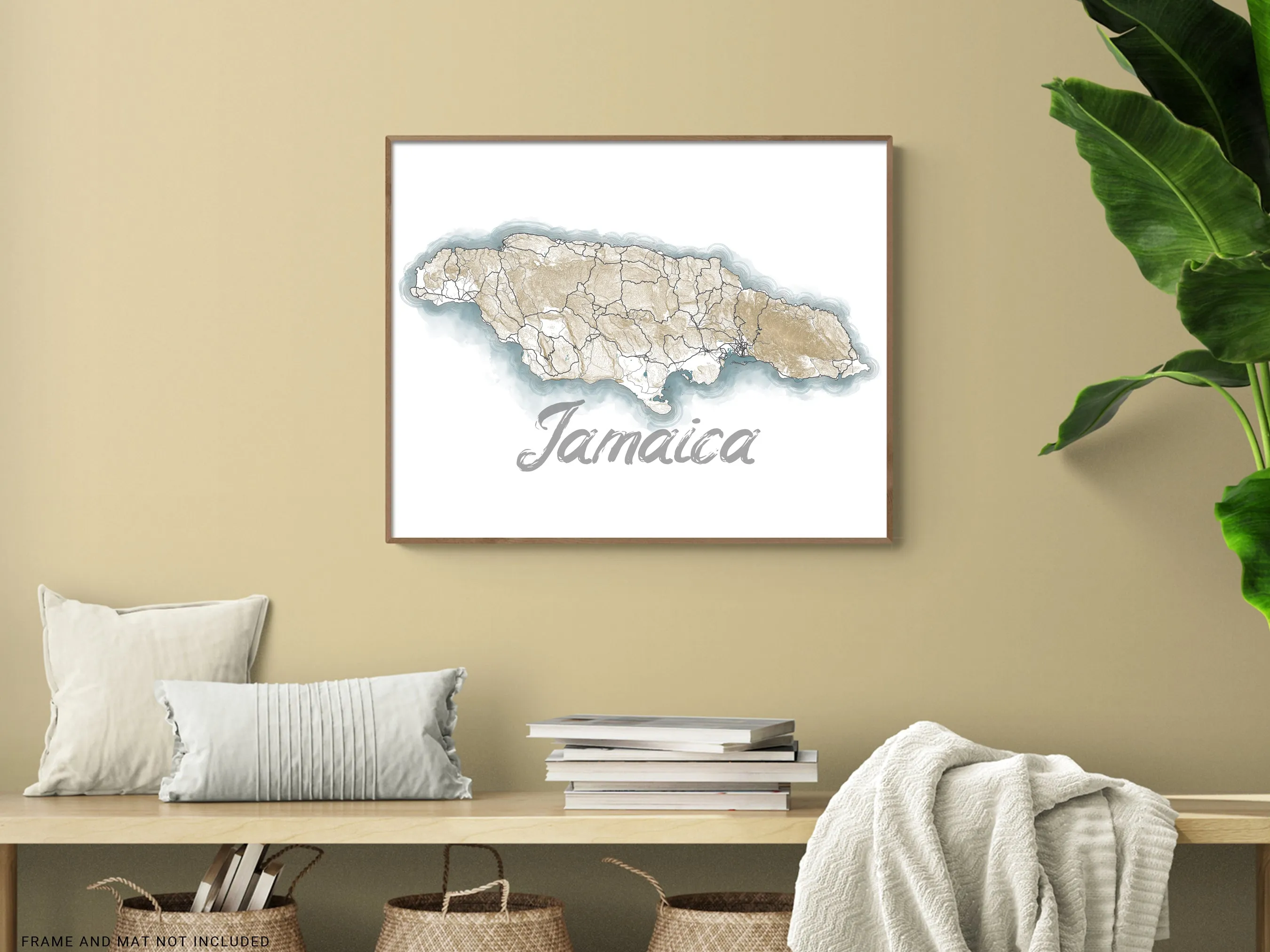 Jamaica Map Wall Art Print Poster, Caribbean Watercolor Style Contour Maps, Kingston Negril Montego Bay Ocho Rios