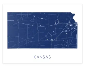 Kansas State Map Wall Art Print Poster - Topographic KS Road Maps, Wichita Overland Park