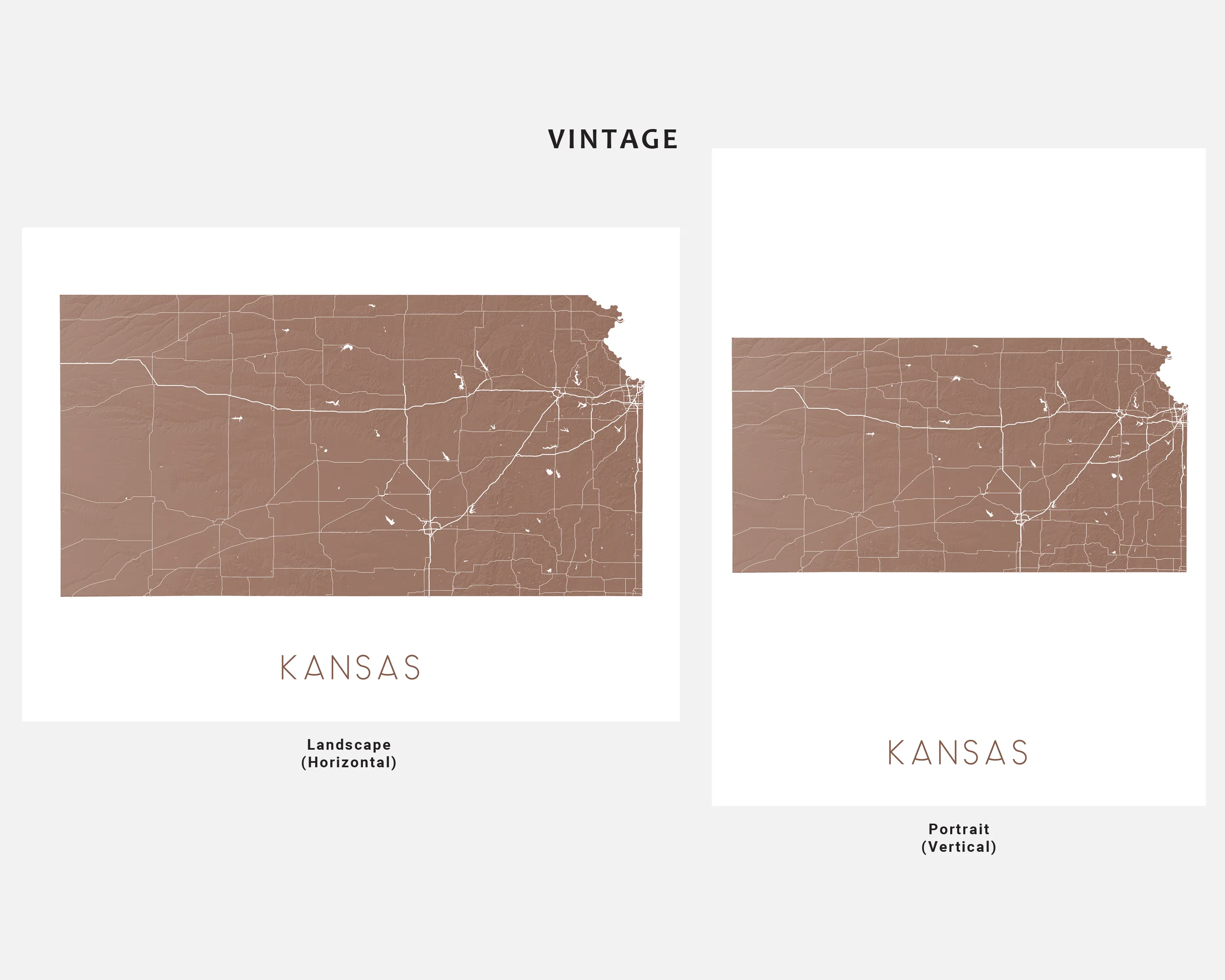 Kansas State Map Wall Art Print Poster - Topographic KS Road Maps, Wichita Overland Park