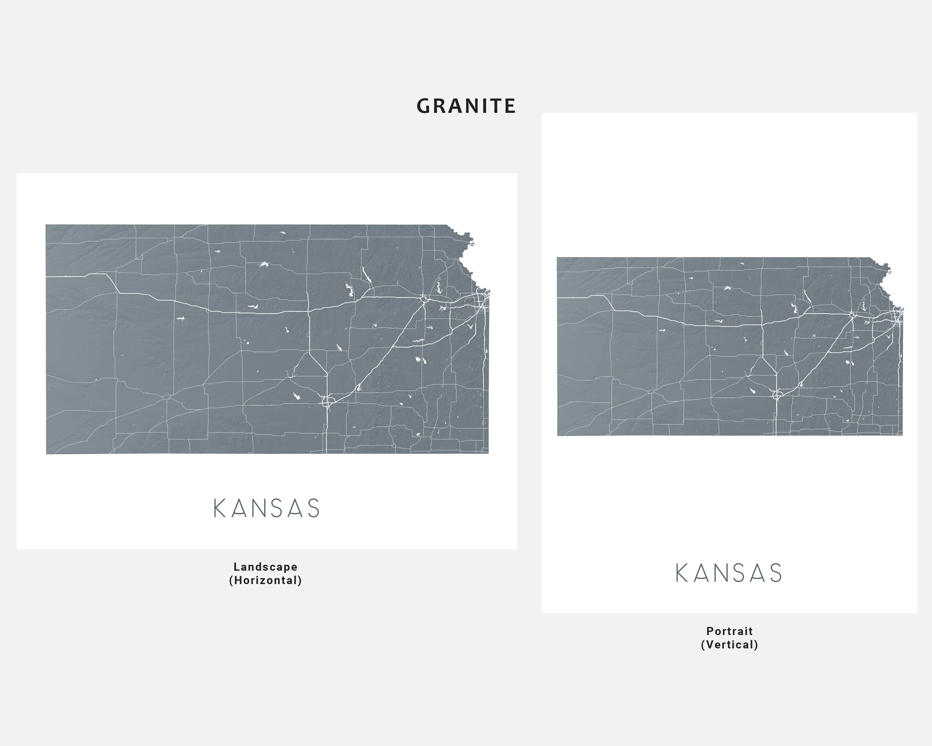 Kansas State Map Wall Art Print Poster - Topographic KS Road Maps, Wichita Overland Park
