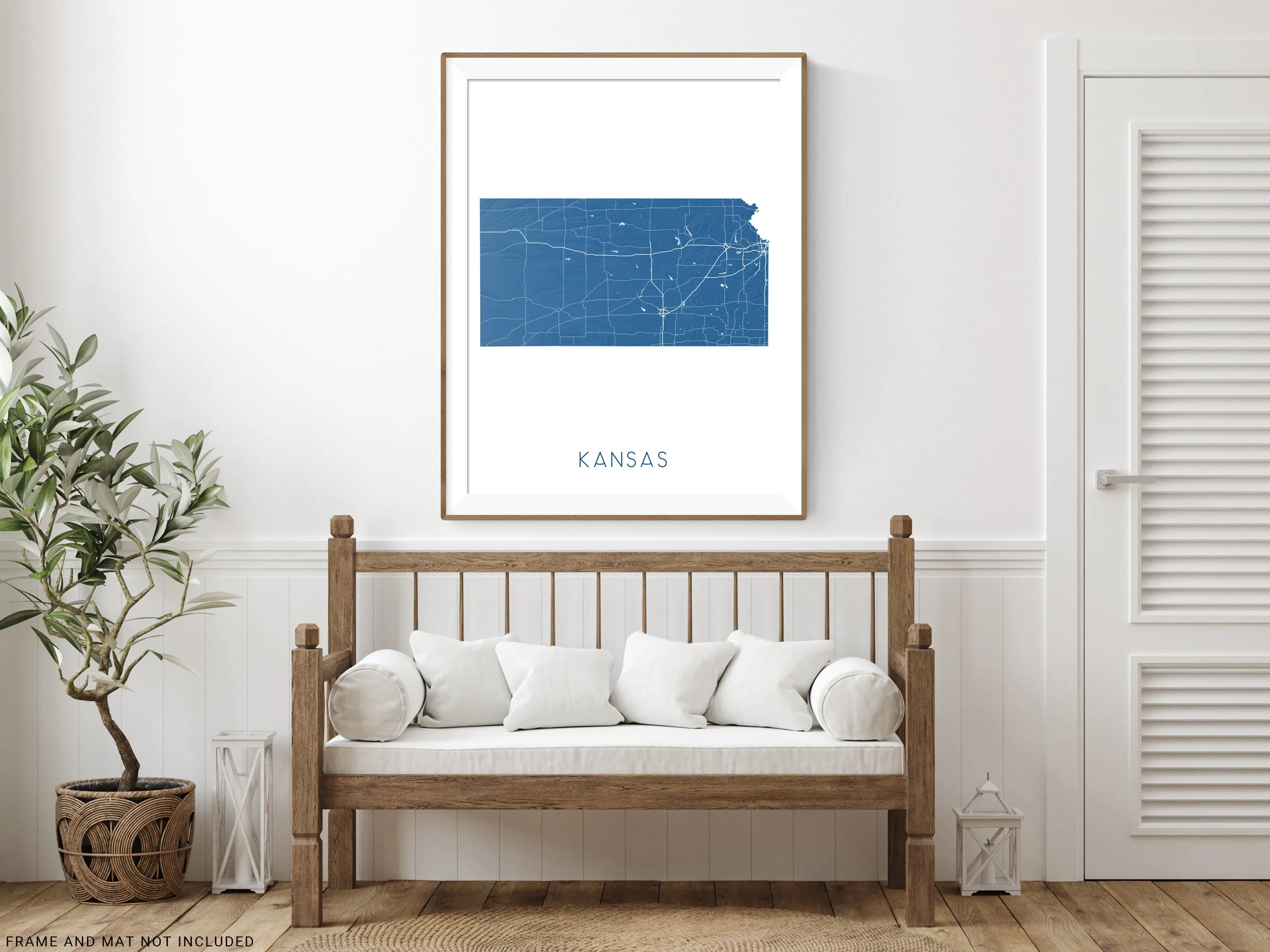 Kansas State Map Wall Art Print Poster - Topographic KS Road Maps, Wichita Overland Park