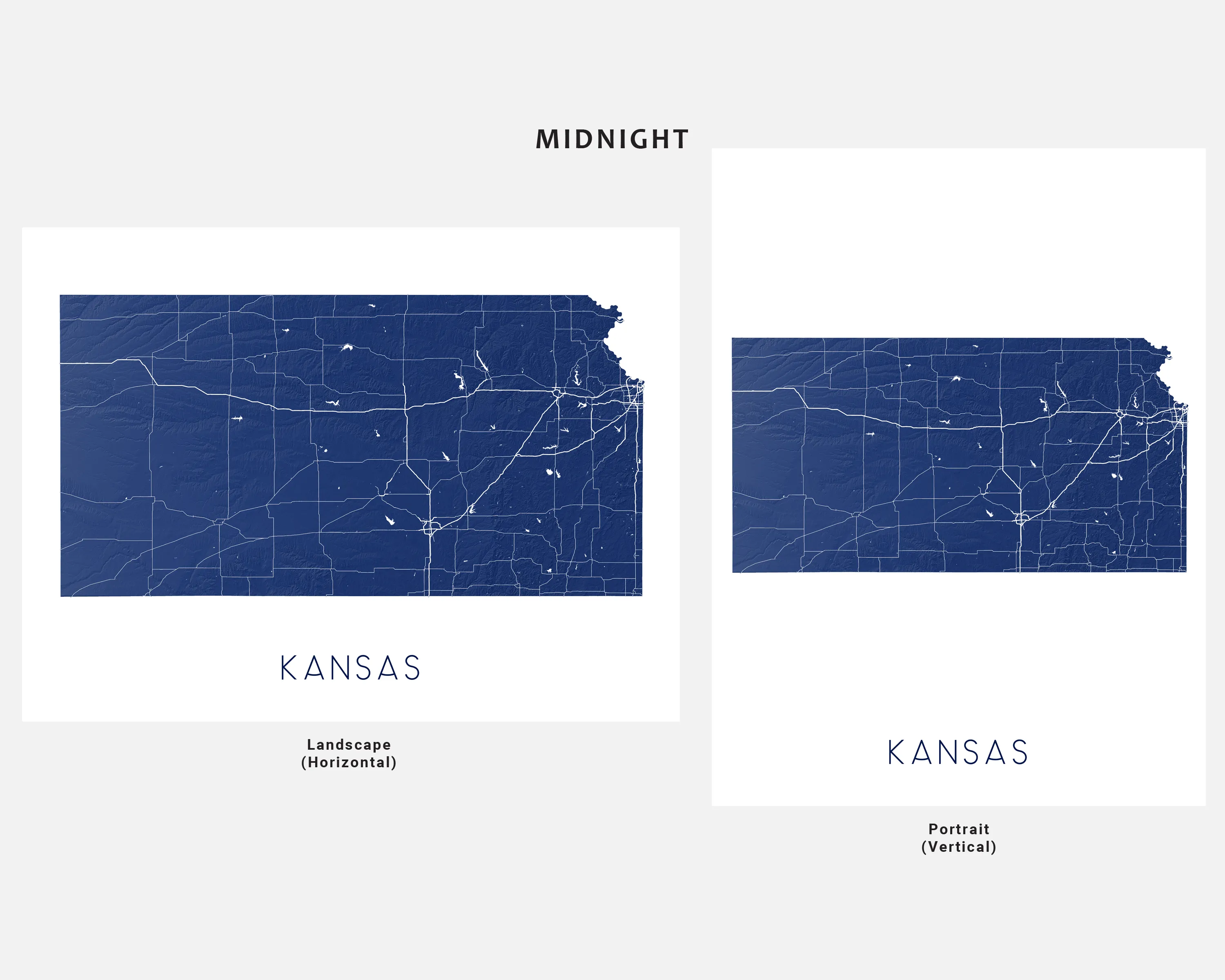 Kansas State Map Wall Art Print Poster - Topographic KS Road Maps, Wichita Overland Park