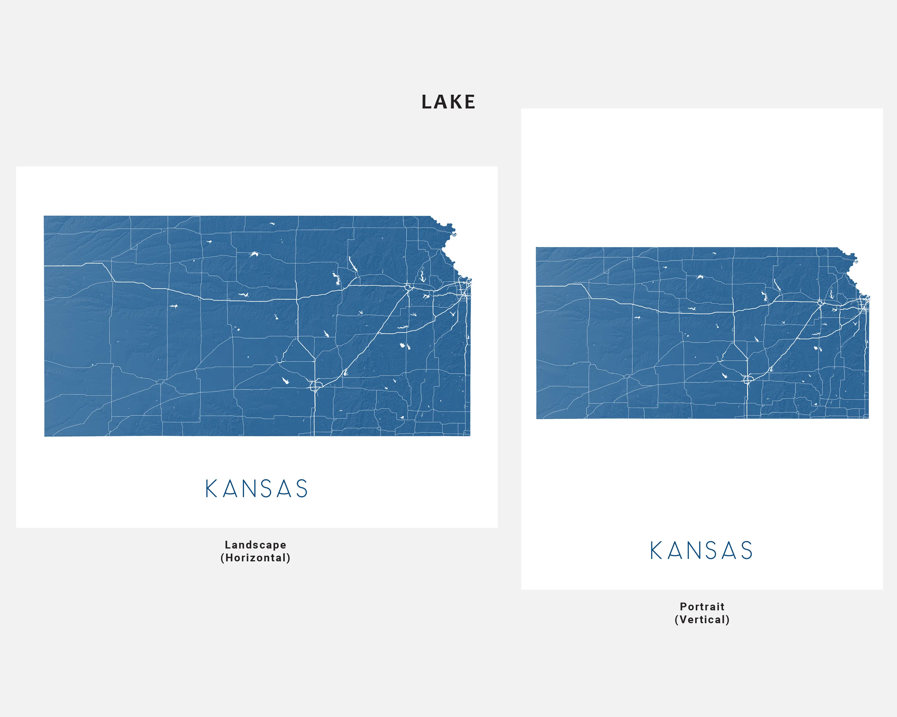 Kansas State Map Wall Art Print Poster - Topographic KS Road Maps, Wichita Overland Park
