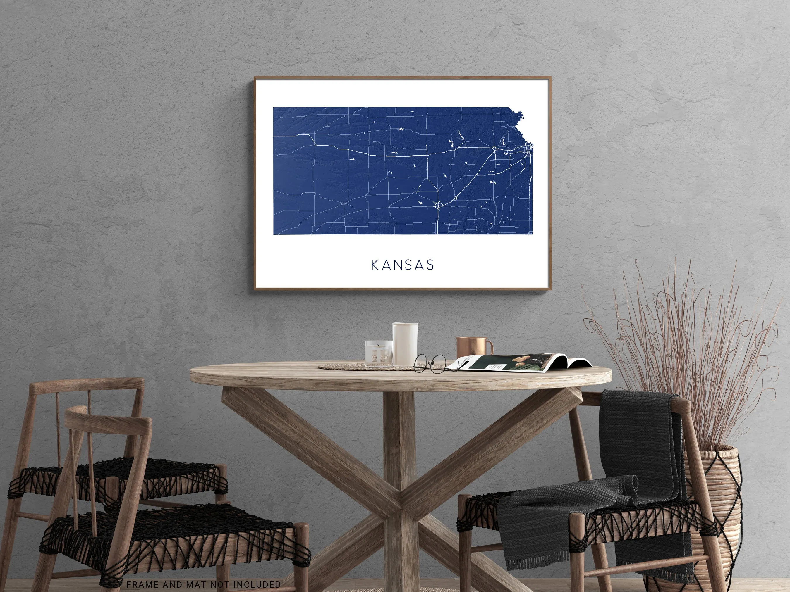 Kansas State Map Wall Art Print Poster - Topographic KS Road Maps, Wichita Overland Park