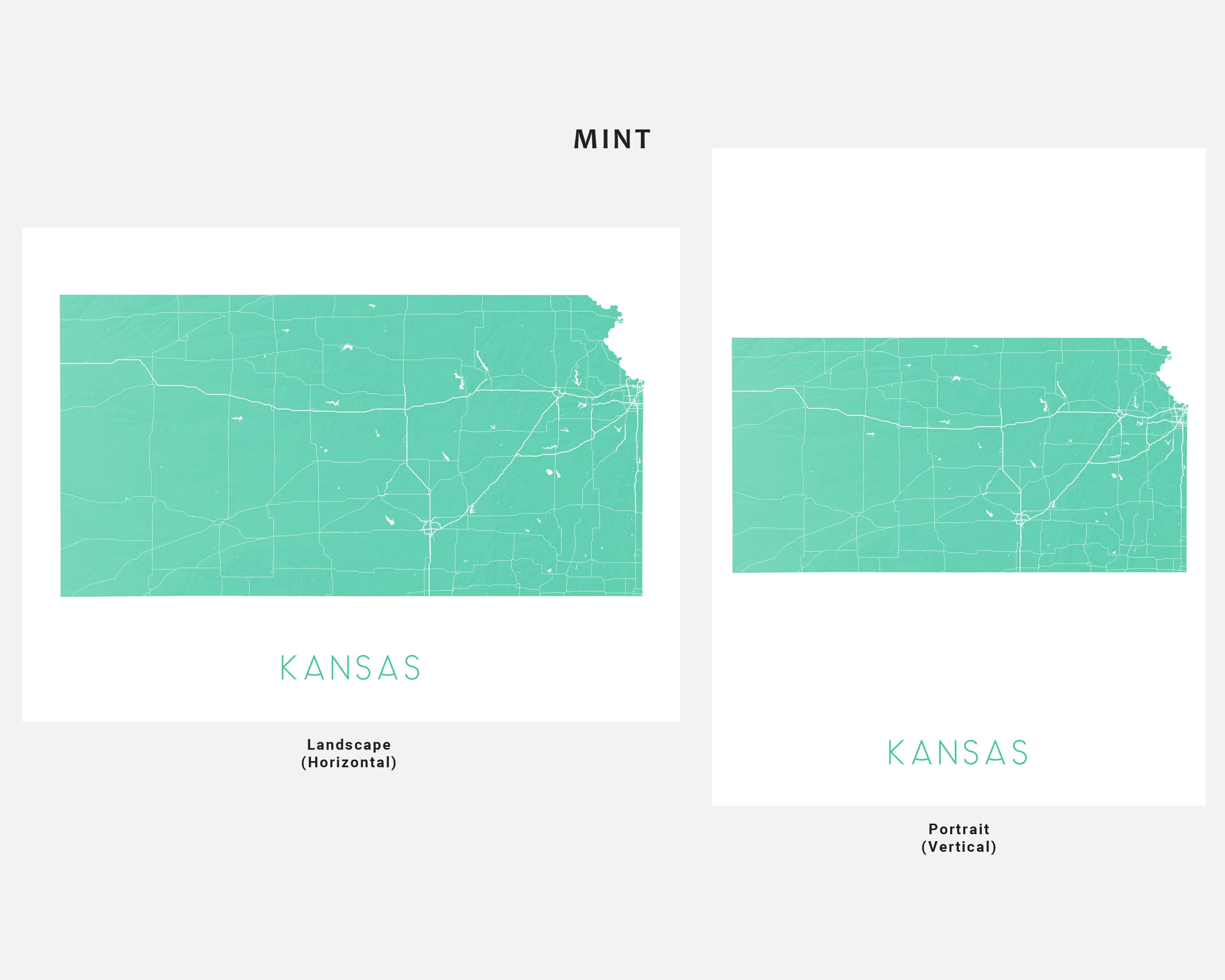Kansas State Map Wall Art Print Poster - Topographic KS Road Maps, Wichita Overland Park