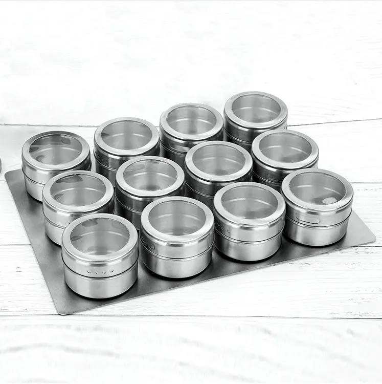 Magnetic Spice Tins Jars 12 pcs Set with Plate