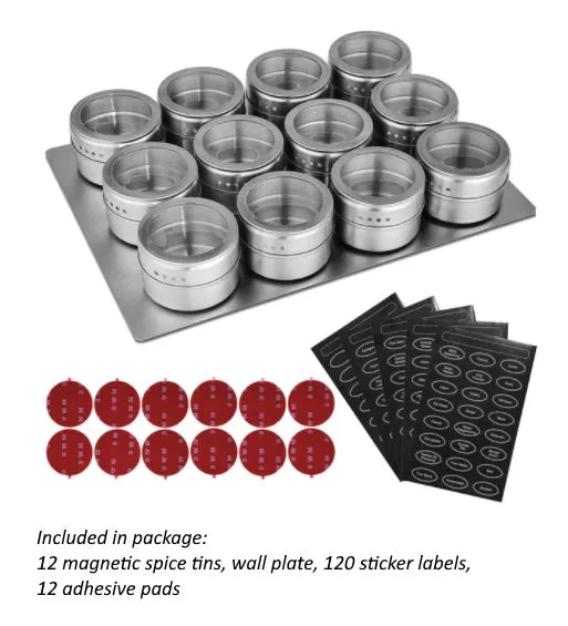 Magnetic Spice Tins Jars 12 pcs Set with Plate