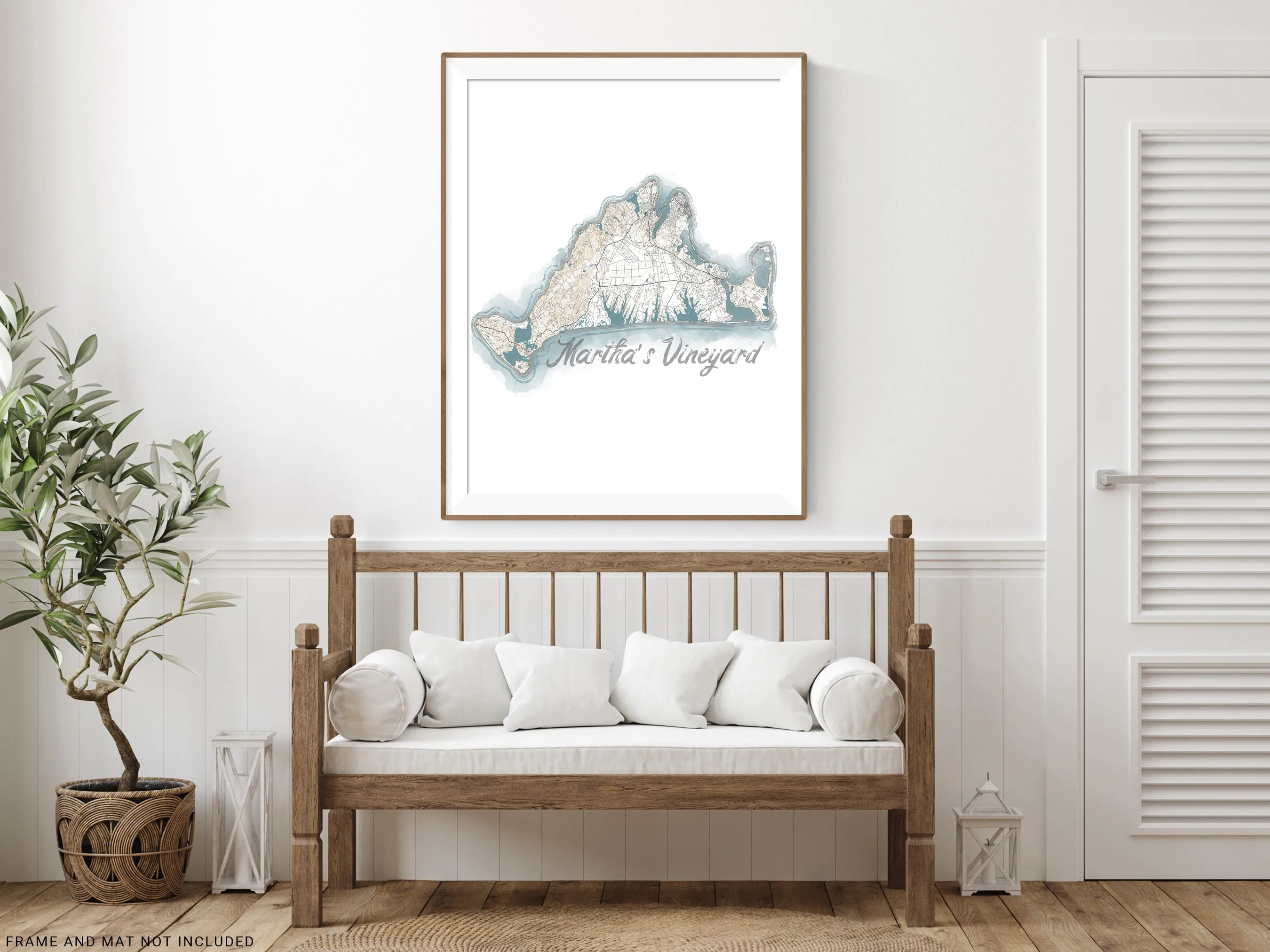Marthas Vineyard Island Map Watercolor Style Coastal Decor Design Wall Art Print Poster, New England