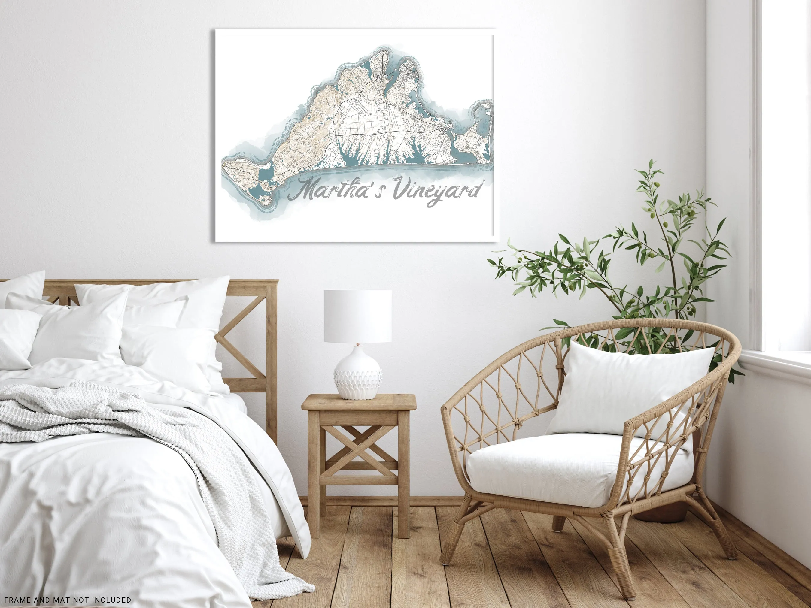 Marthas Vineyard Island Map Watercolor Style Coastal Decor Design Wall Art Print Poster, New England