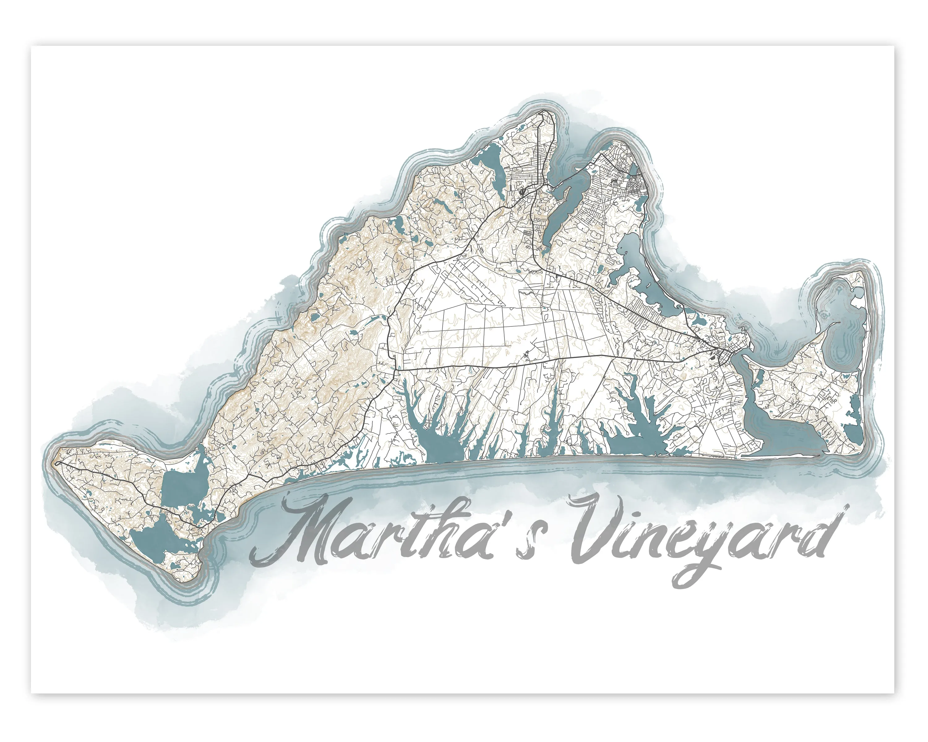 Marthas Vineyard Island Map Watercolor Style Coastal Decor Design Wall Art Print Poster, New England