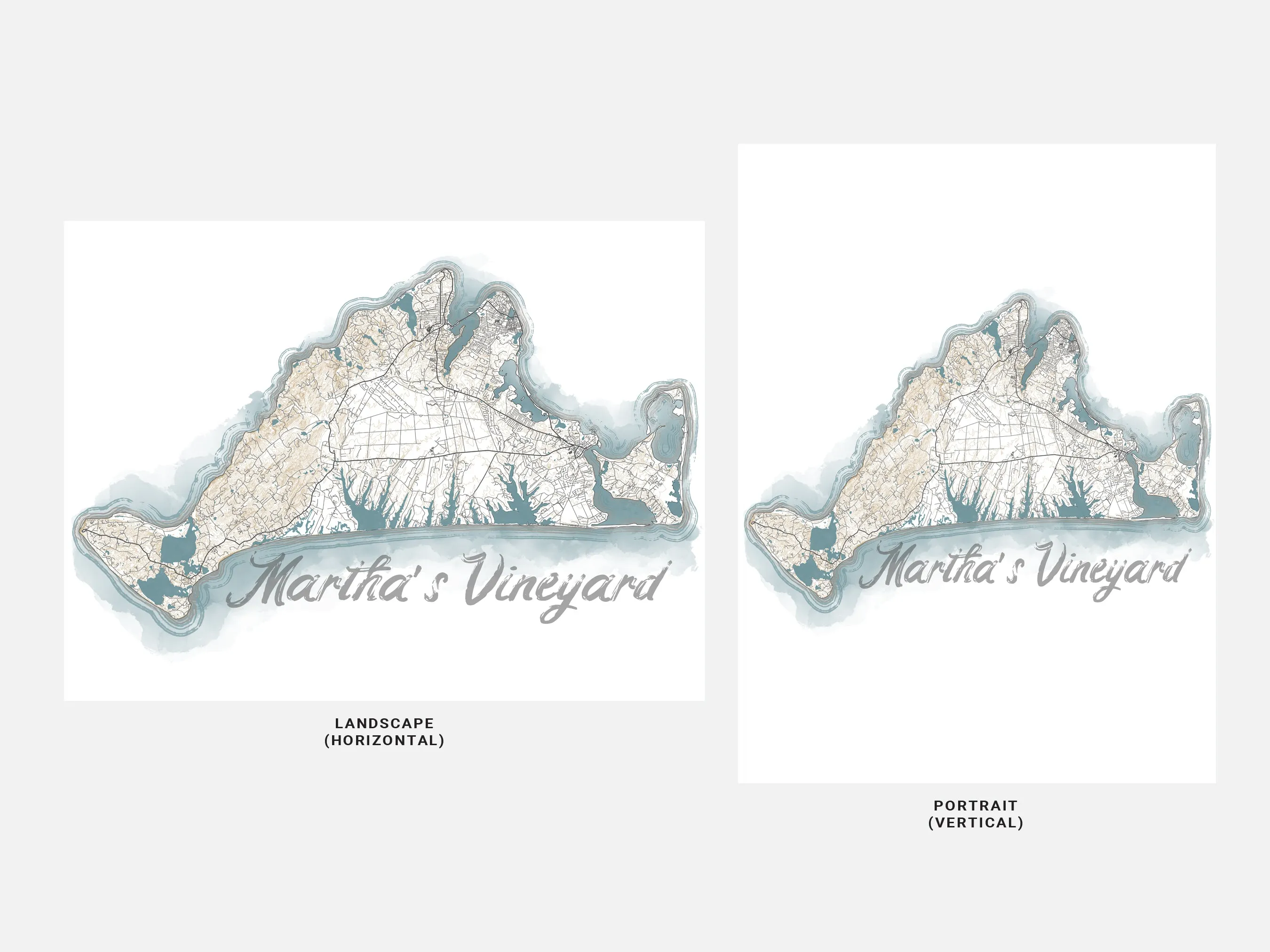 Marthas Vineyard Island Map Watercolor Style Coastal Decor Design Wall Art Print Poster, New England