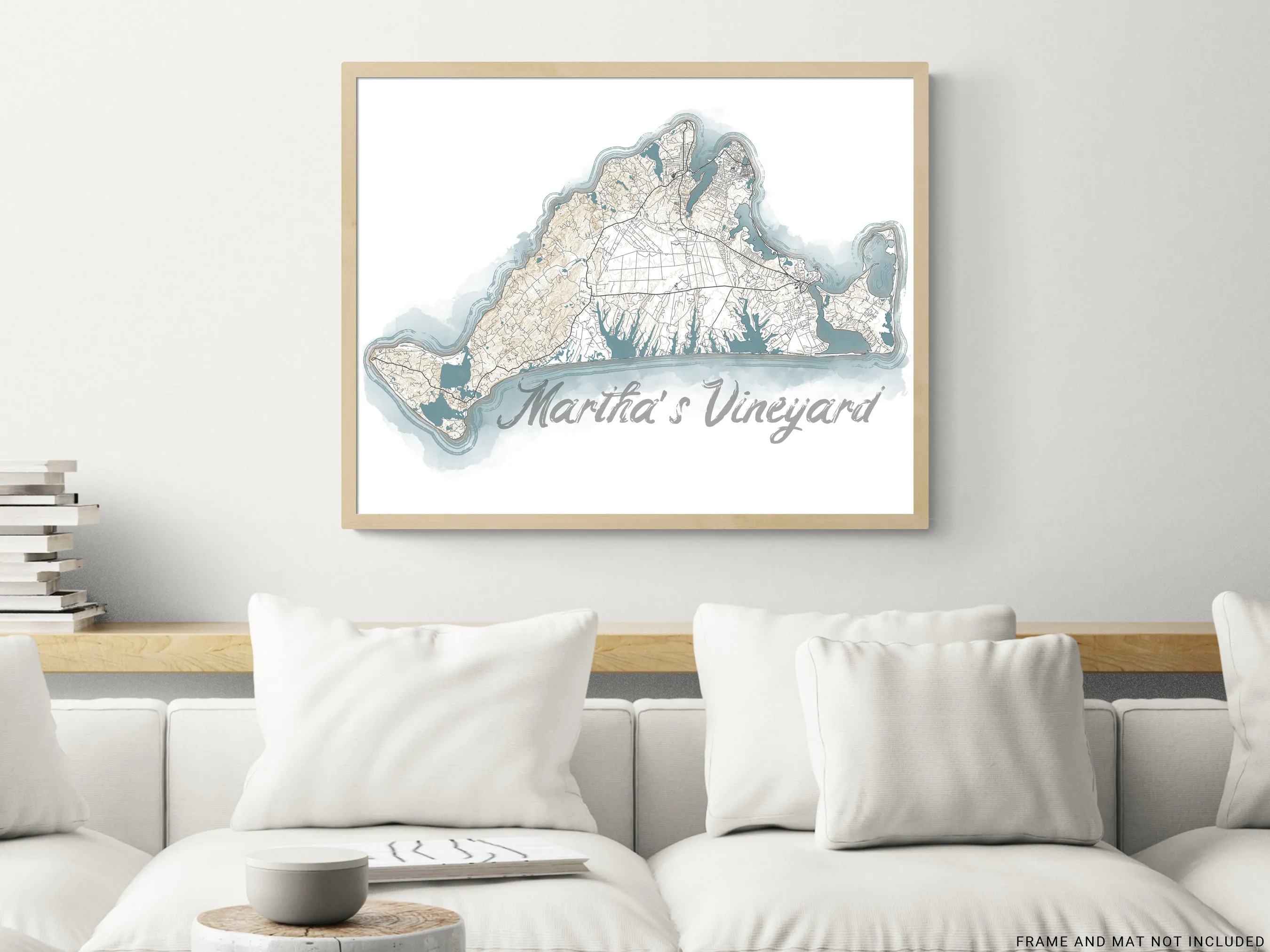 Marthas Vineyard Island Map Watercolor Style Coastal Decor Design Wall Art Print Poster, New England