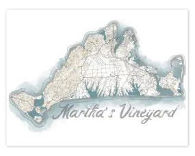 Marthas Vineyard Island Map Watercolor Style Coastal Decor Design Wall Art Print Poster, New England