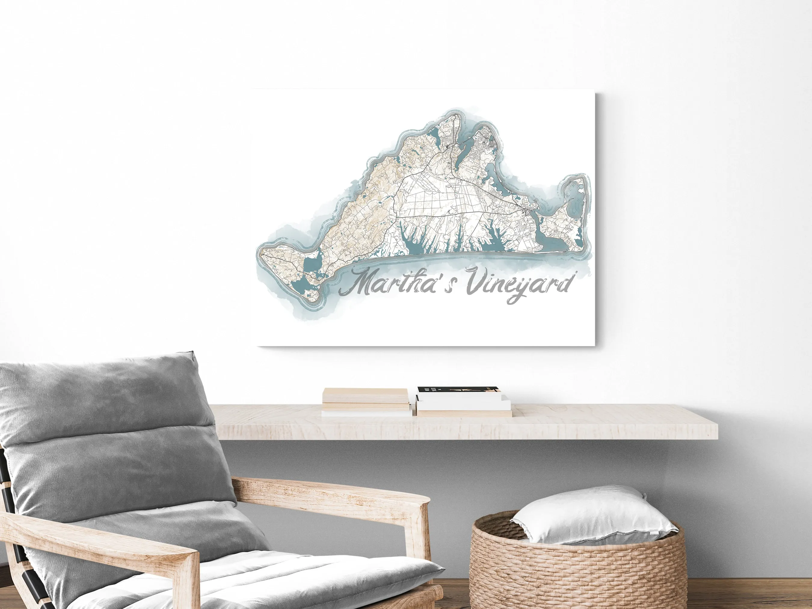 Marthas Vineyard Island Map Watercolor Style Coastal Decor Design Wall Art Print Poster, New England