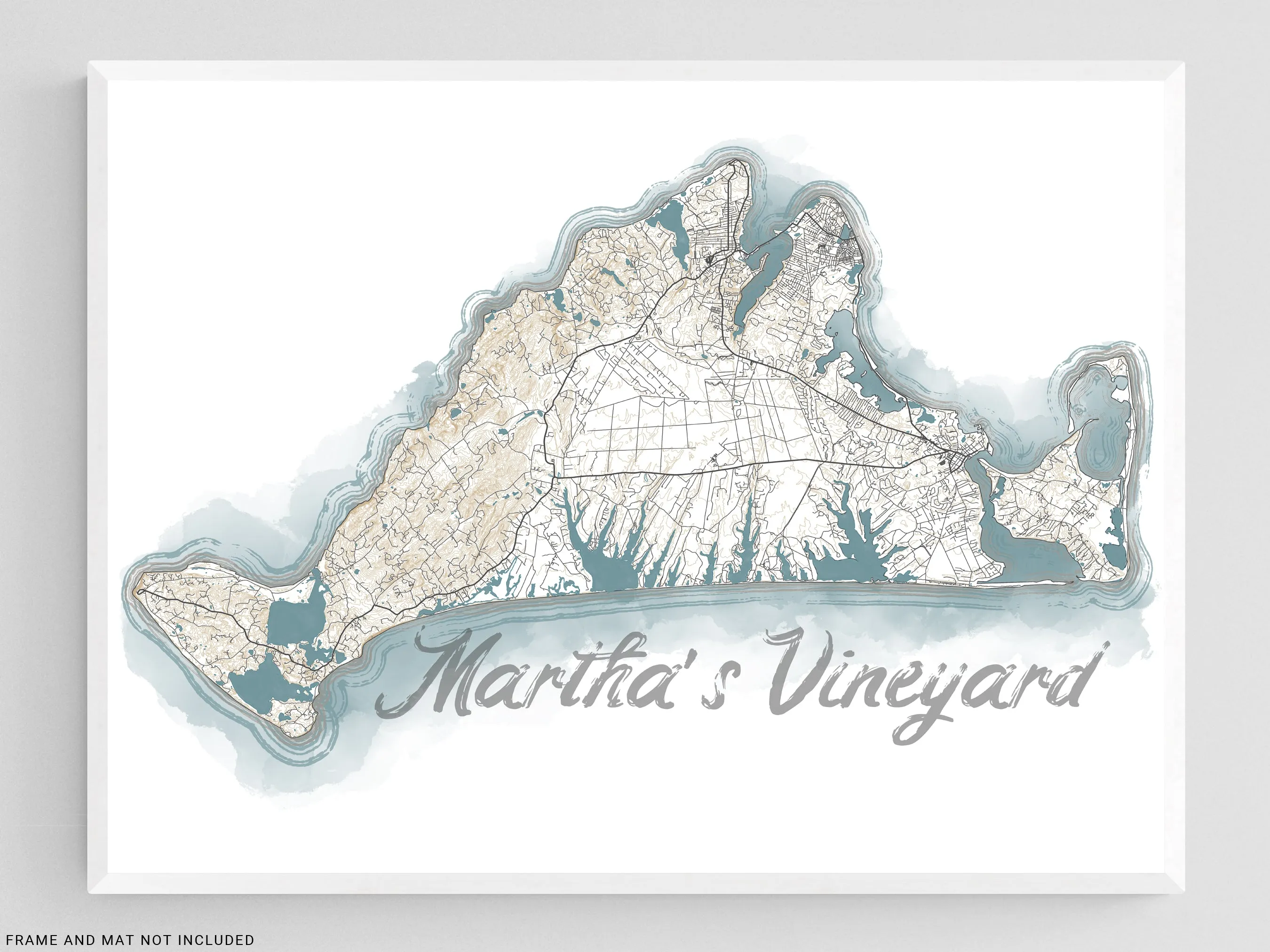 Marthas Vineyard Island Map Watercolor Style Coastal Decor Design Wall Art Print Poster, New England