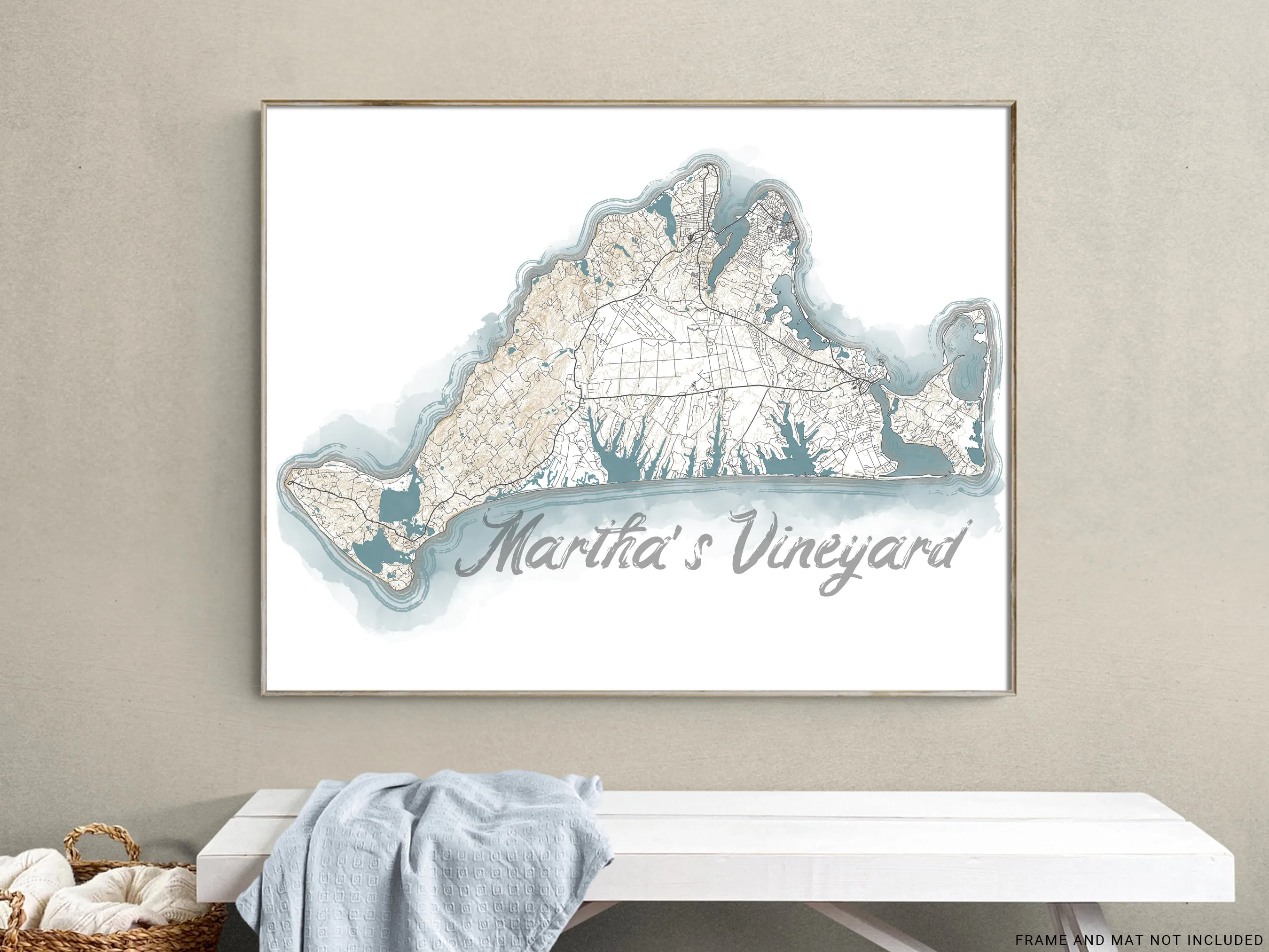 Marthas Vineyard Island Map Watercolor Style Coastal Decor Design Wall Art Print Poster, New England