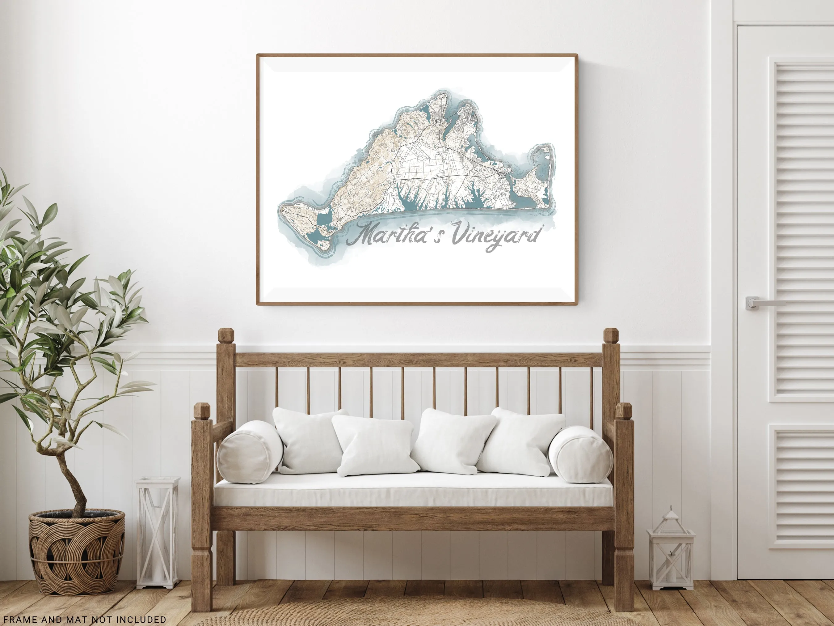 Marthas Vineyard Island Map Watercolor Style Coastal Decor Design Wall Art Print Poster, New England