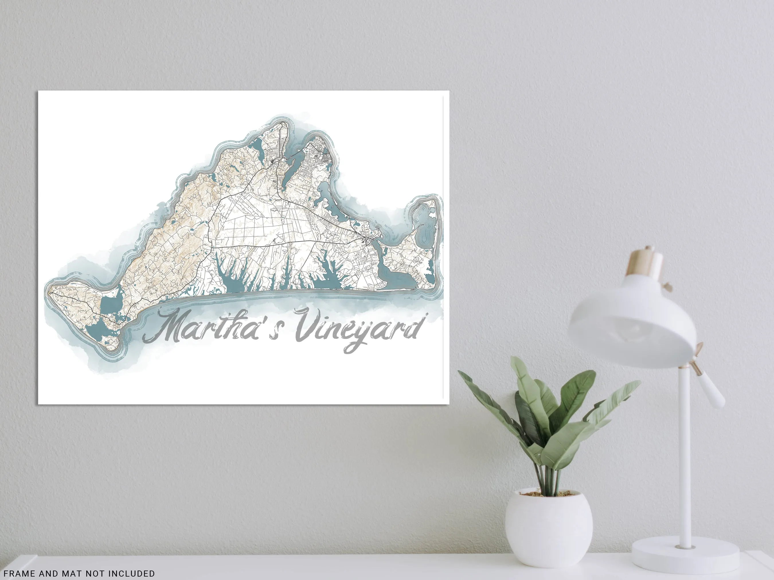 Marthas Vineyard Island Map Watercolor Style Coastal Decor Design Wall Art Print Poster, New England