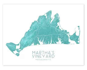 Martha's Vineyard Map Print, Turquoise Massachusetts Island Poster Wall Art Maps