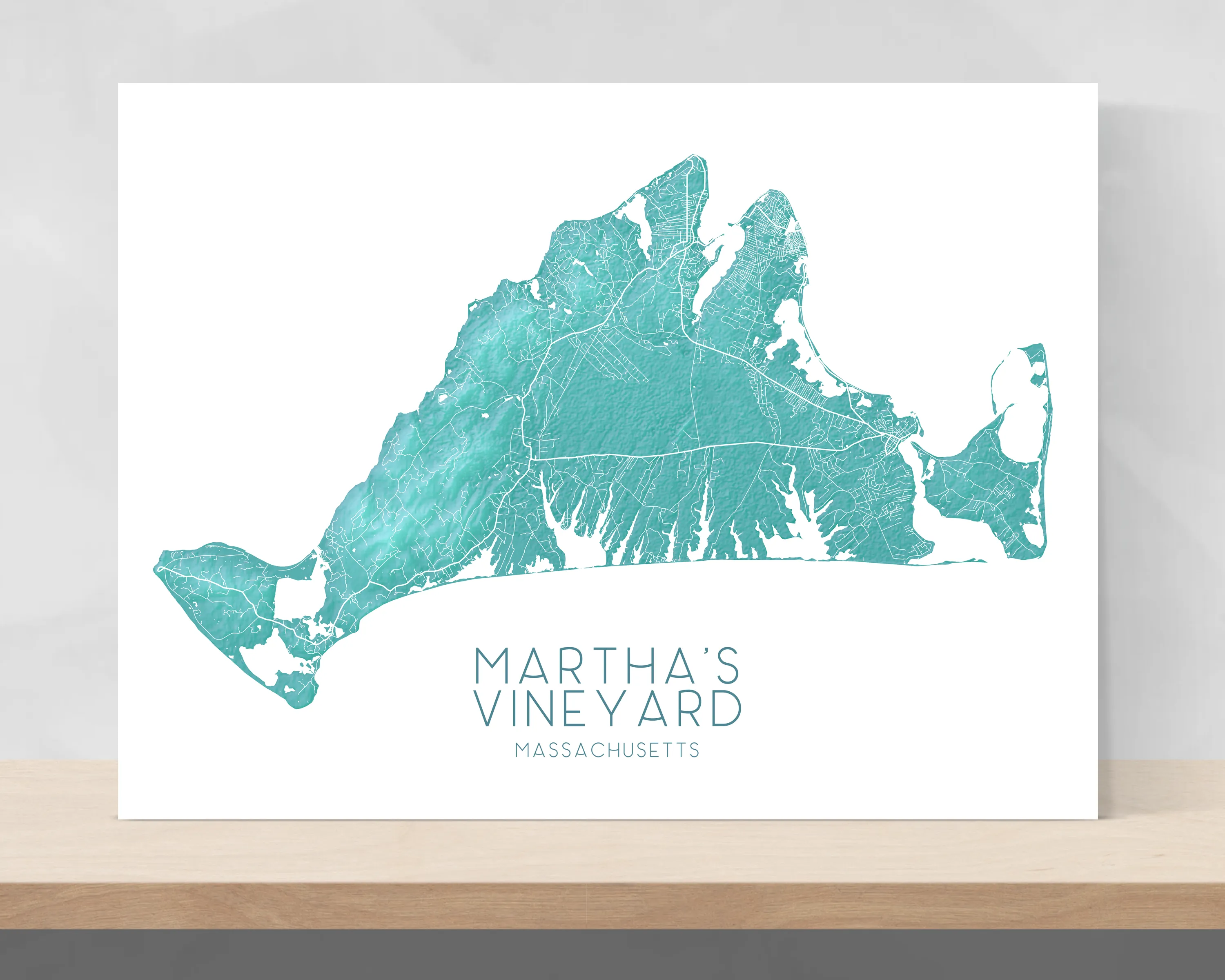 Martha's Vineyard Map Print, Turquoise Massachusetts Island Poster Wall Art Maps