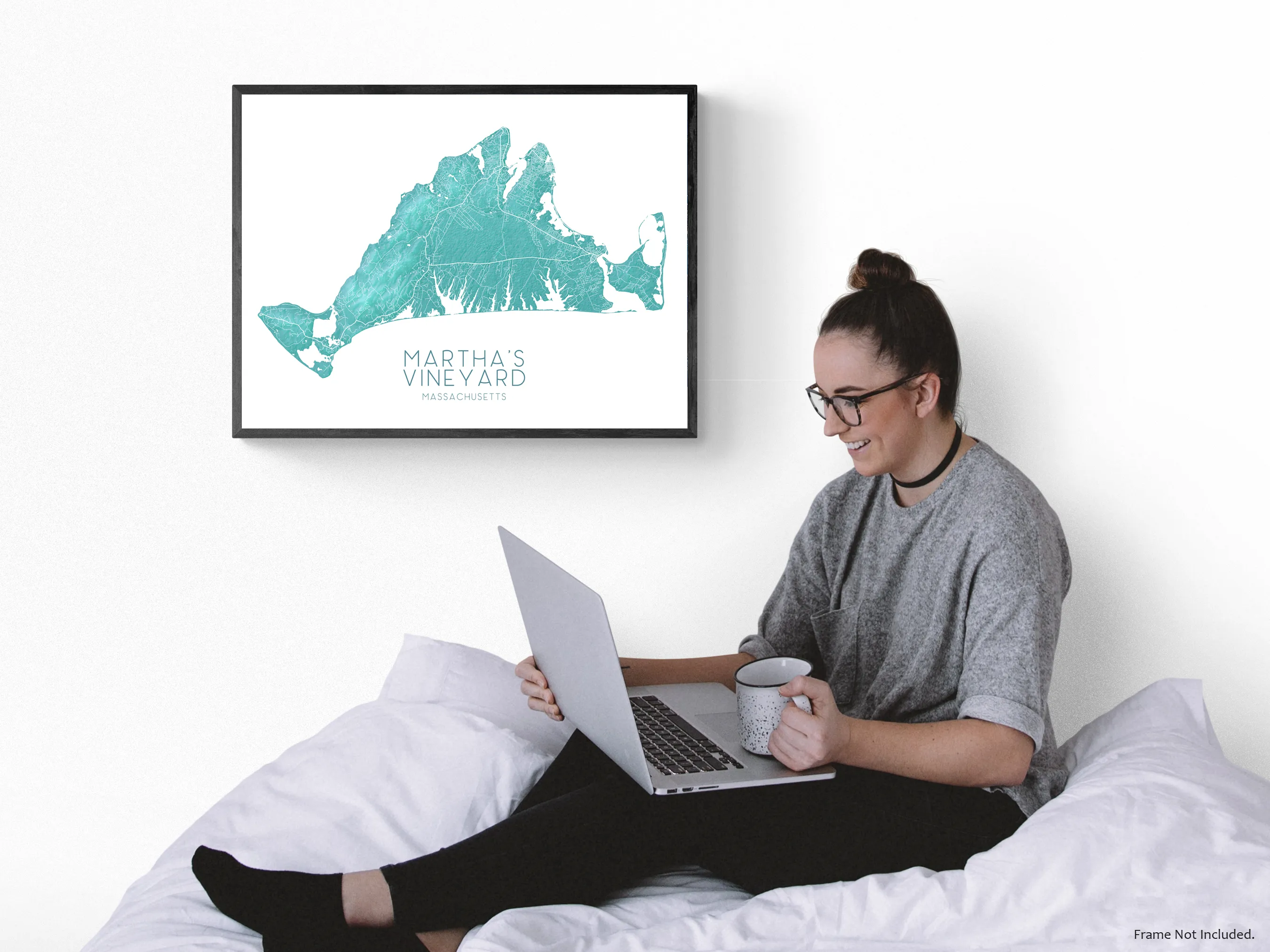 Martha's Vineyard Map Print, Turquoise Massachusetts Island Poster Wall Art Maps