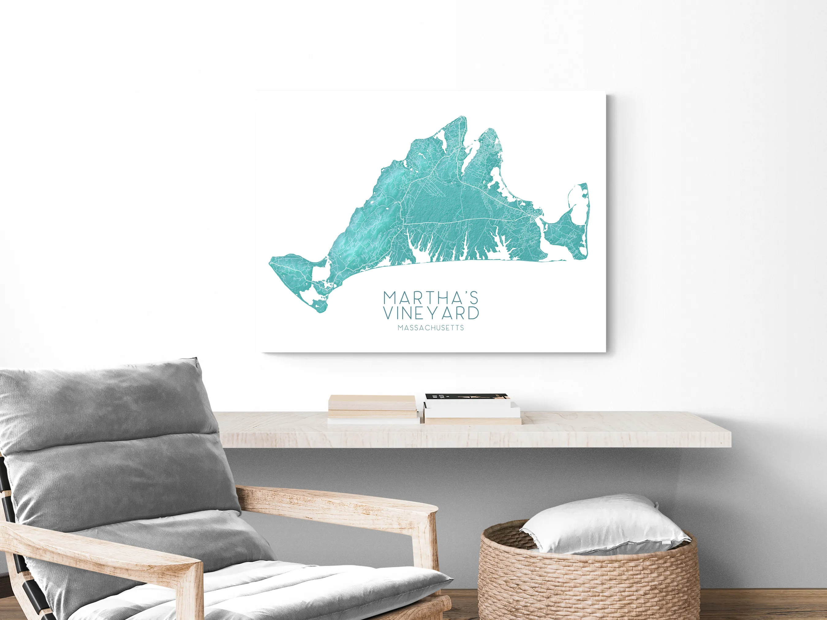 Martha's Vineyard Map Print, Turquoise Massachusetts Island Poster Wall Art Maps