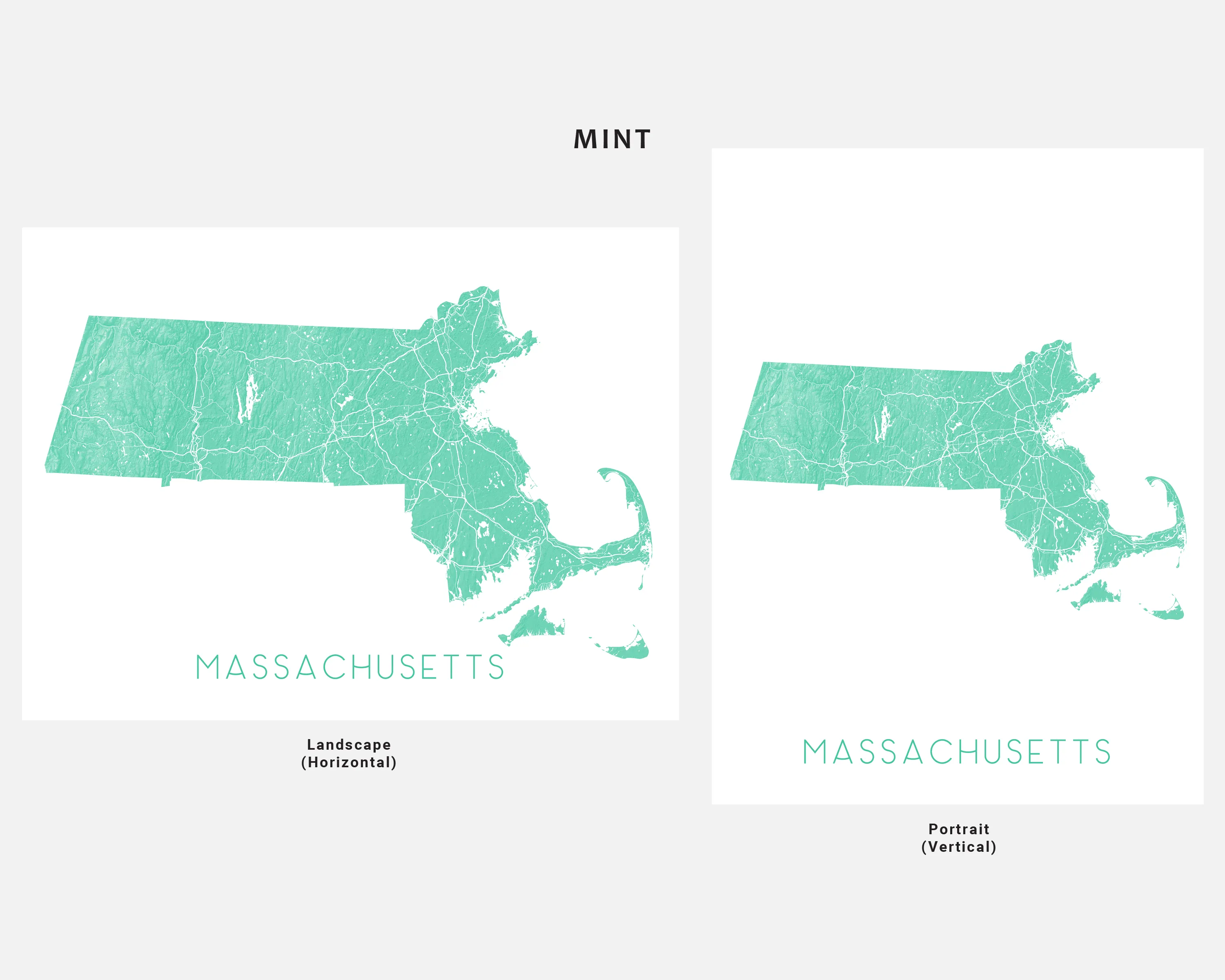 Massachusetts Map Print Poster - Topographic MA State Wall Art Road Maps, Boston Nantucket Cape Cod