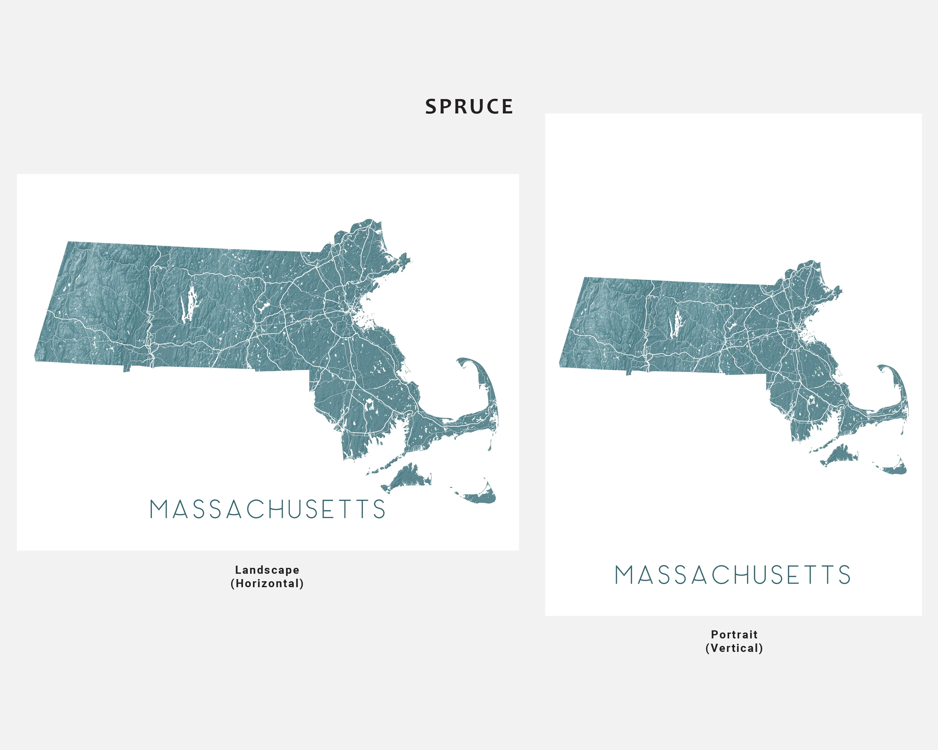 Massachusetts Map Print Poster - Topographic MA State Wall Art Road Maps, Boston Nantucket Cape Cod