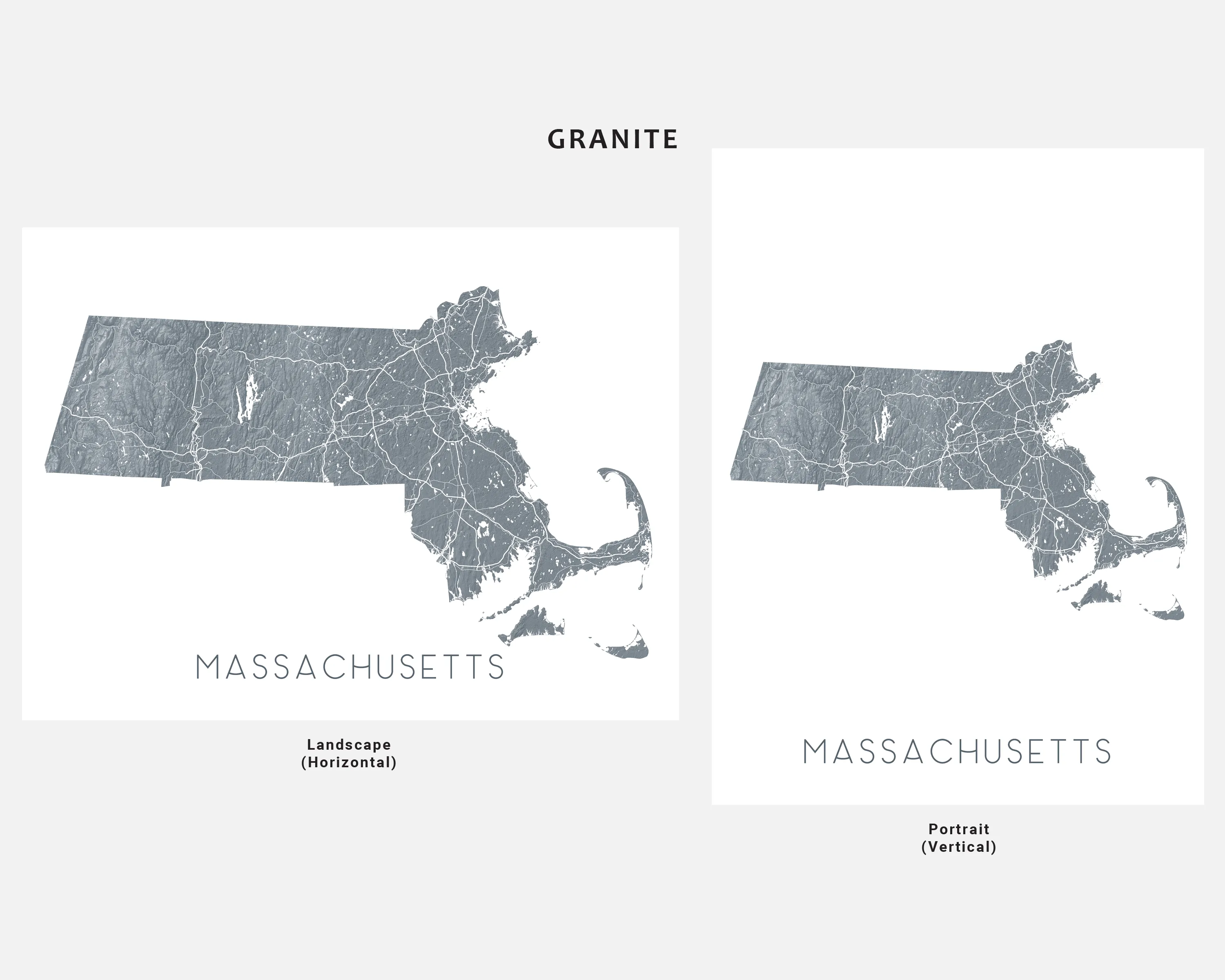 Massachusetts Map Print Poster - Topographic MA State Wall Art Road Maps, Boston Nantucket Cape Cod