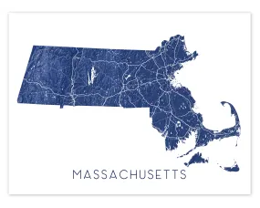Massachusetts Map Print Poster - Topographic MA State Wall Art Road Maps, Boston Nantucket Cape Cod