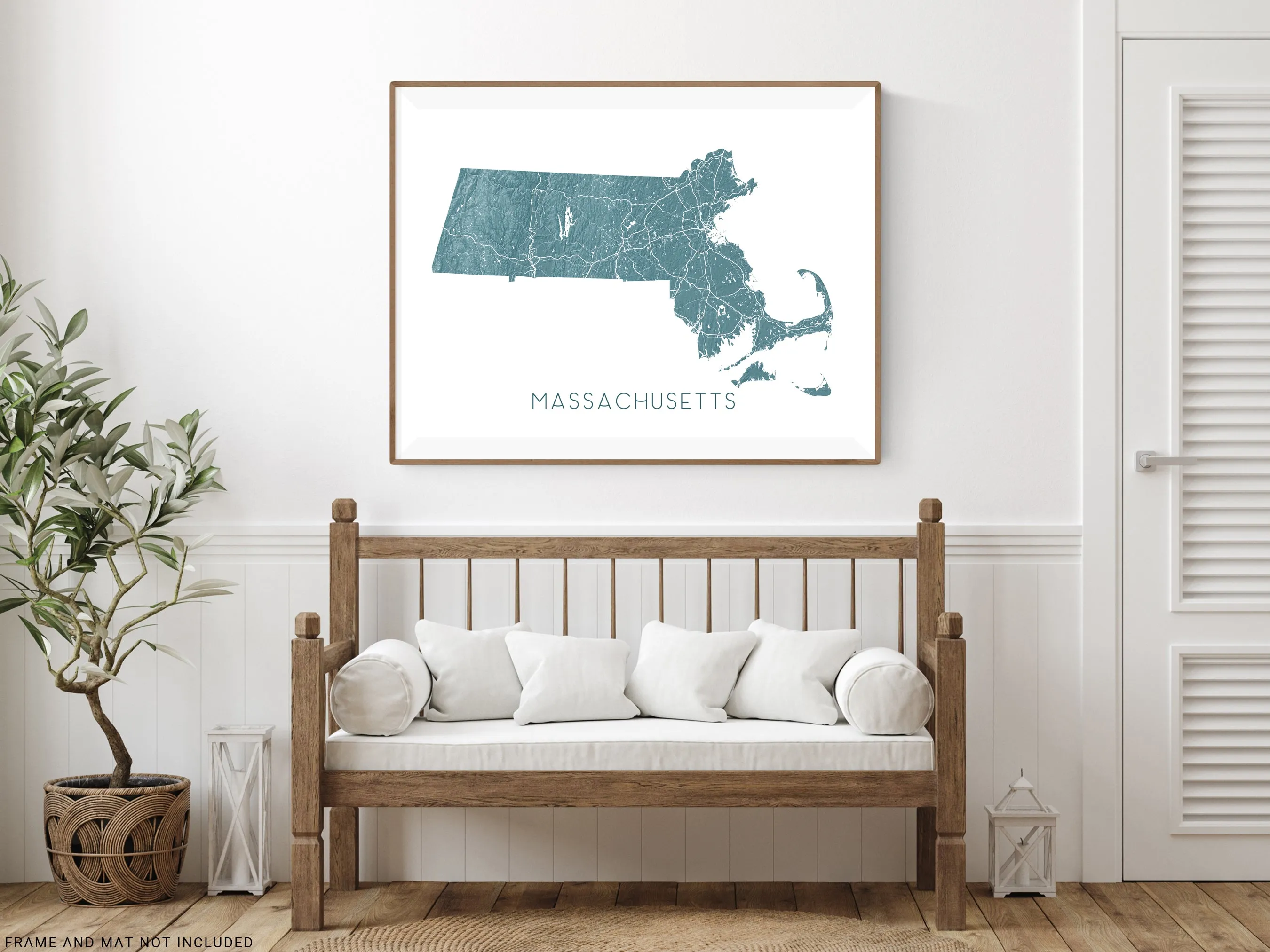Massachusetts Map Print Poster - Topographic MA State Wall Art Road Maps, Boston Nantucket Cape Cod