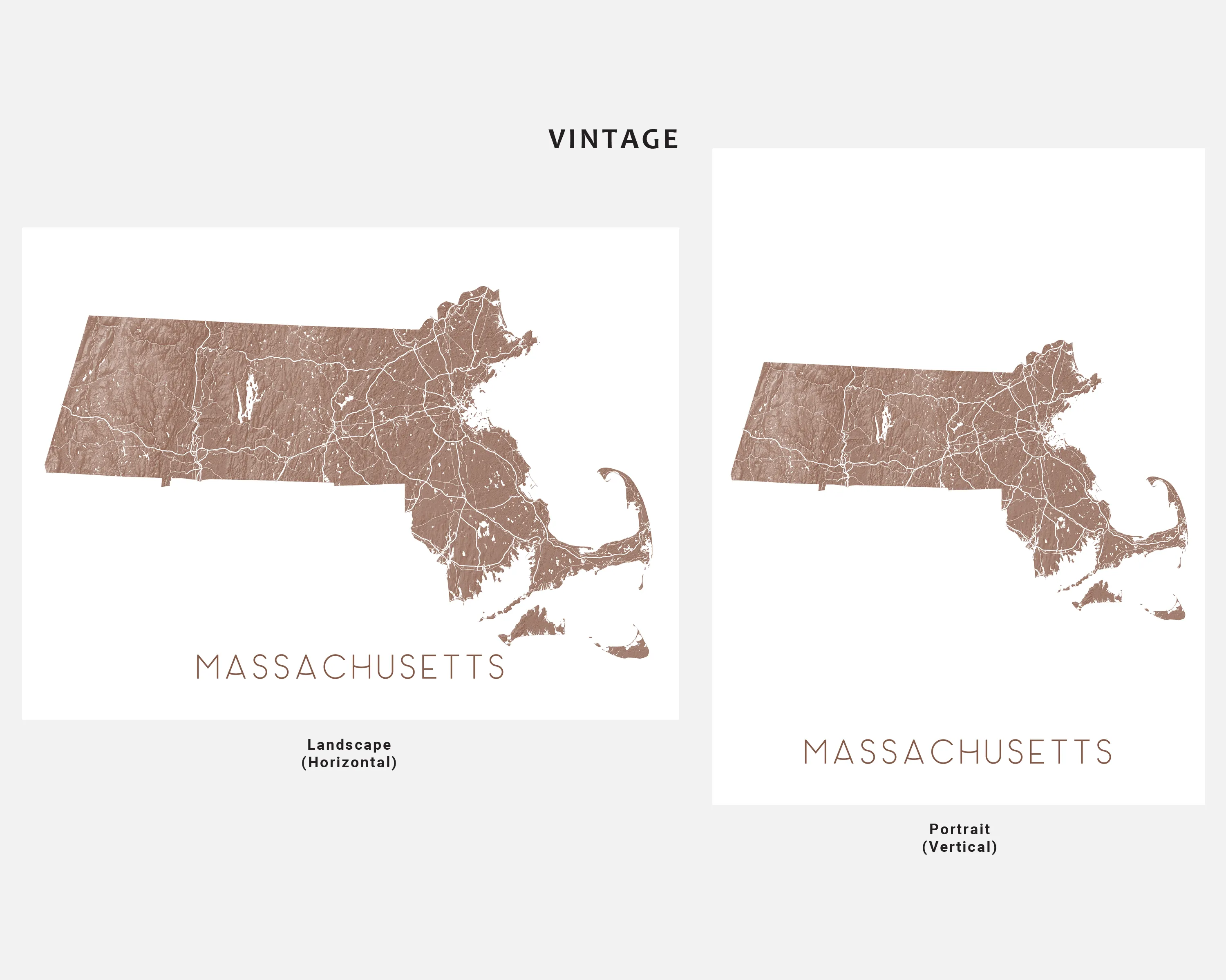 Massachusetts Map Print Poster - Topographic MA State Wall Art Road Maps, Boston Nantucket Cape Cod