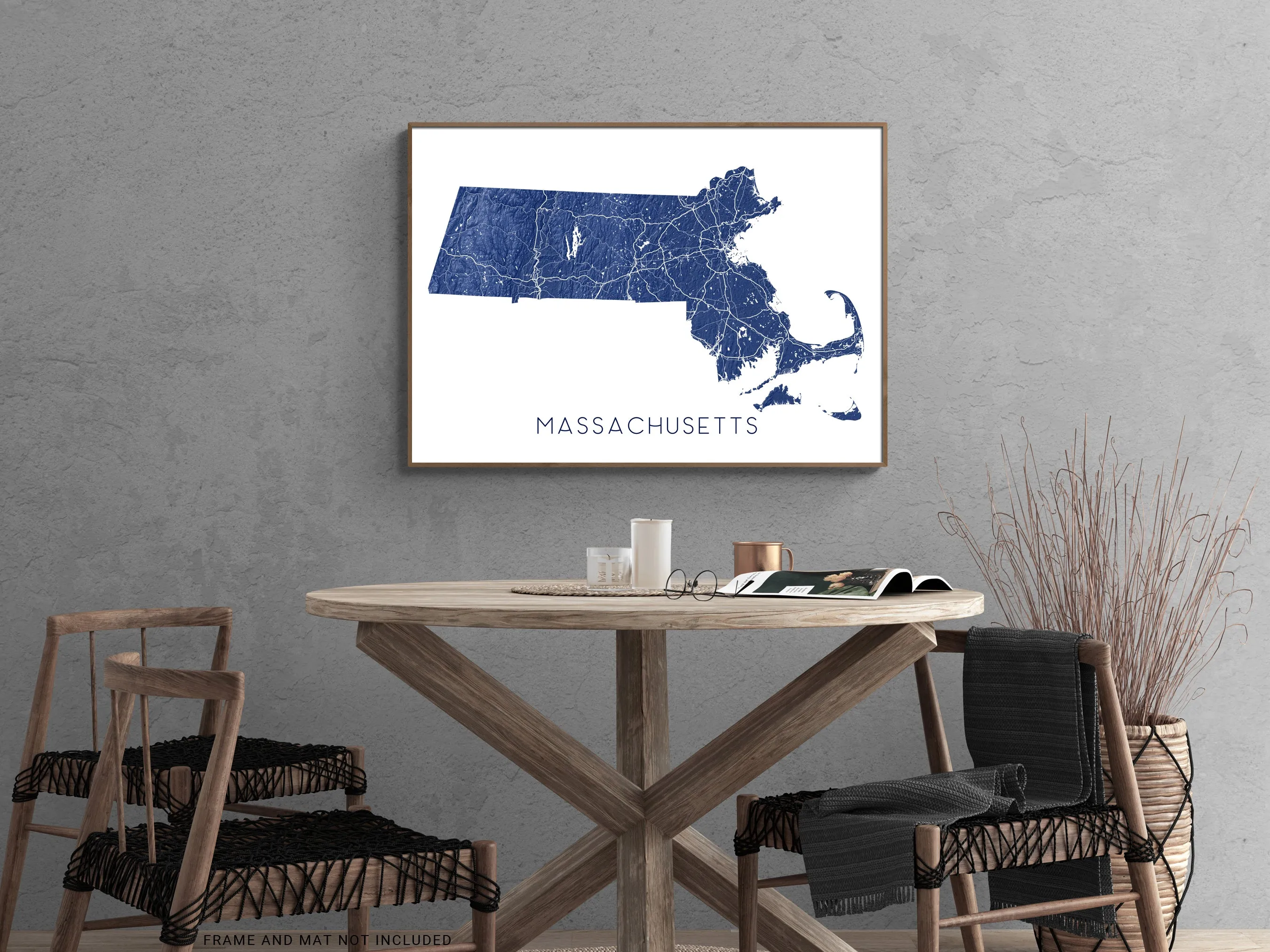 Massachusetts Map Print Poster - Topographic MA State Wall Art Road Maps, Boston Nantucket Cape Cod