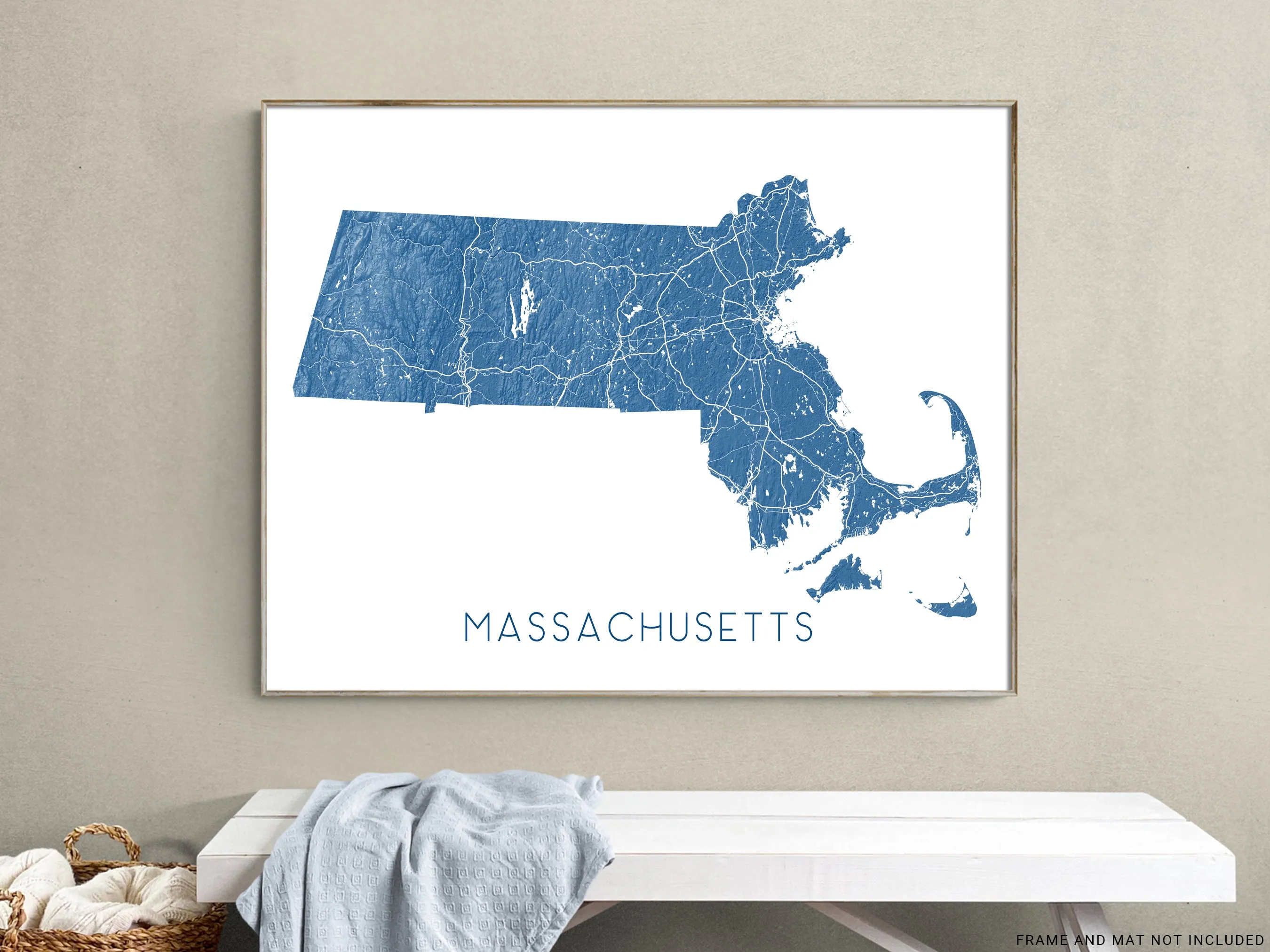 Massachusetts Map Print Poster - Topographic MA State Wall Art Road Maps, Boston Nantucket Cape Cod