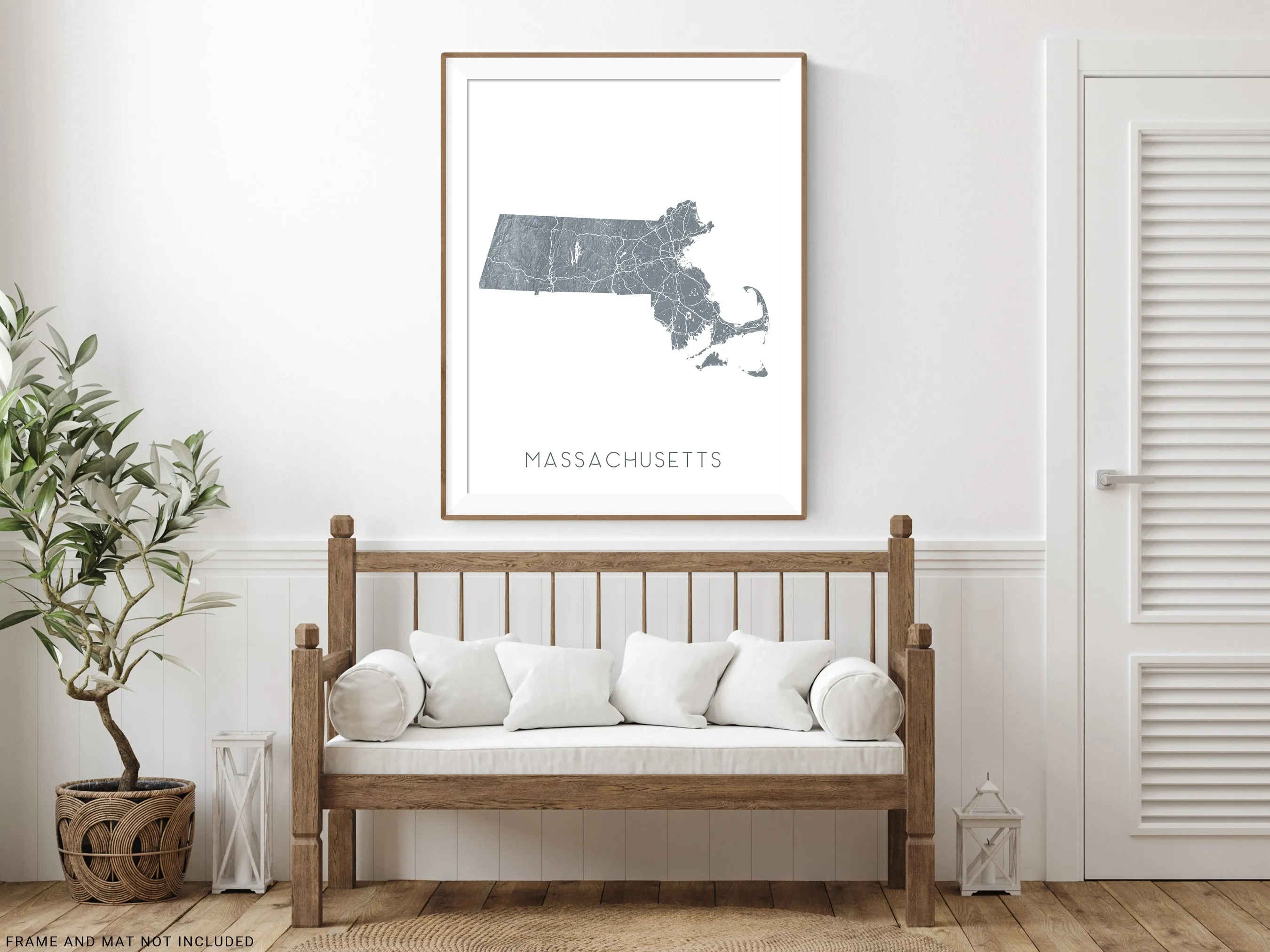 Massachusetts Map Print Poster - Topographic MA State Wall Art Road Maps, Boston Nantucket Cape Cod
