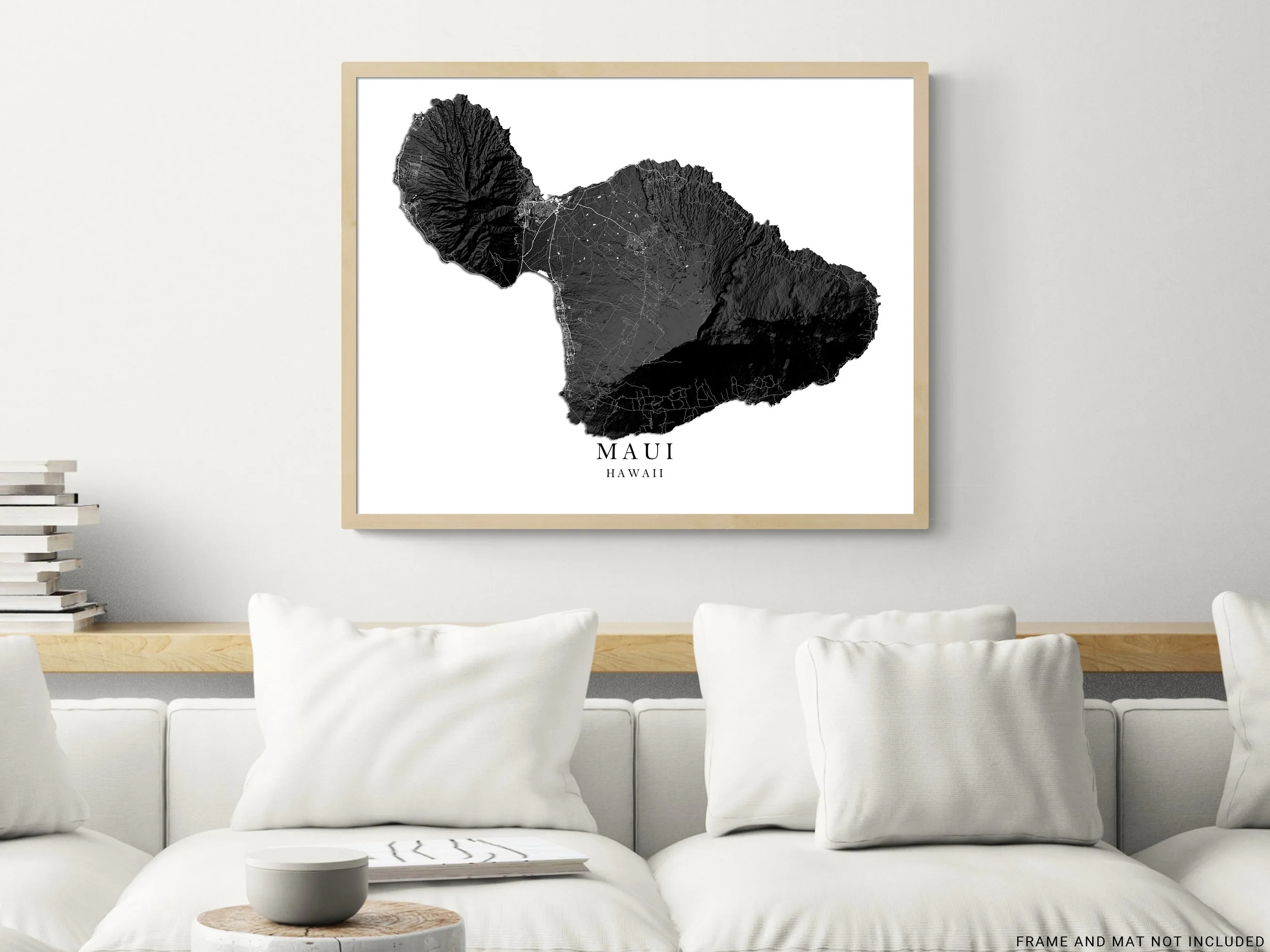 Maui Hawaii Map Wall Art Print Poster, Black and White Topographic Hawaiian Islands Maps, Lahaina Town Haleakala Kihei Hana