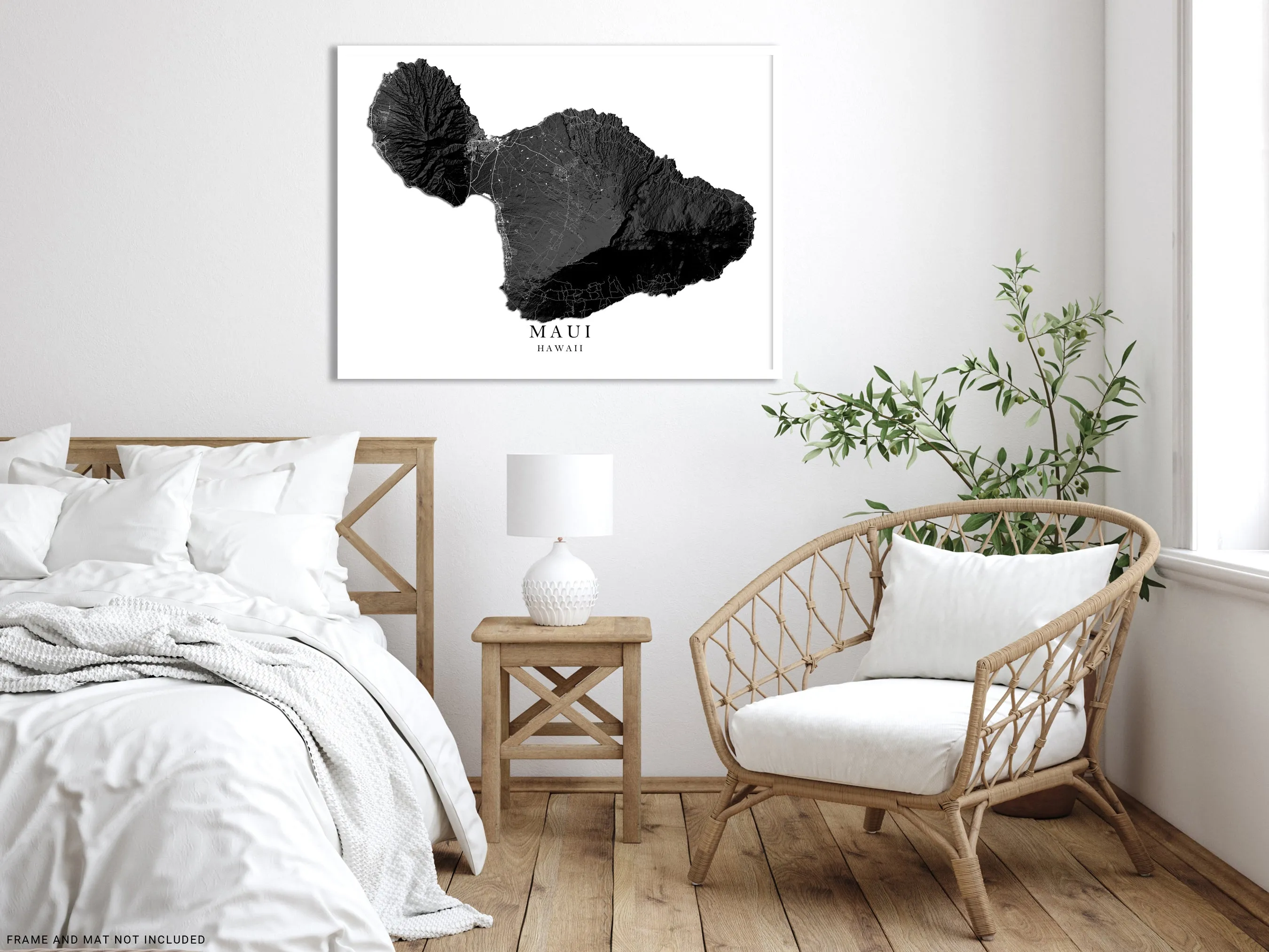 Maui Hawaii Map Wall Art Print Poster, Black and White Topographic Hawaiian Islands Maps, Lahaina Town Haleakala Kihei Hana