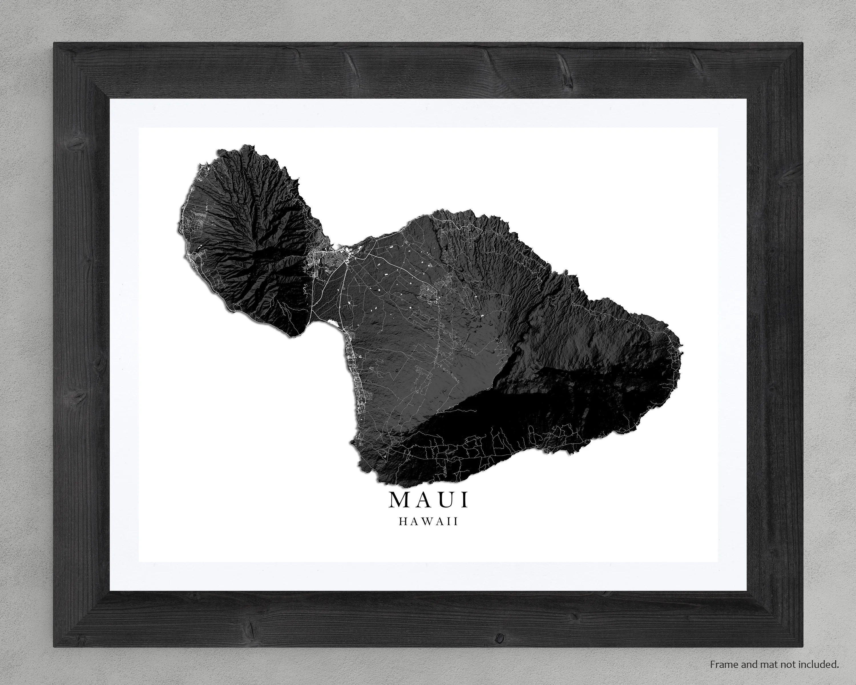 Maui Hawaii Map Wall Art Print Poster, Black and White Topographic Hawaiian Islands Maps, Lahaina Town Haleakala Kihei Hana