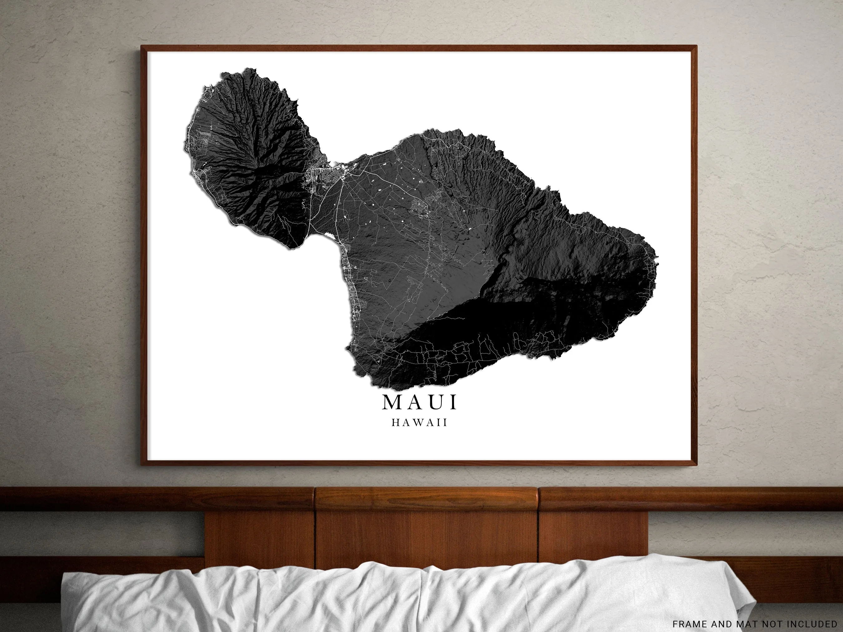 Maui Hawaii Map Wall Art Print Poster, Black and White Topographic Hawaiian Islands Maps, Lahaina Town Haleakala Kihei Hana