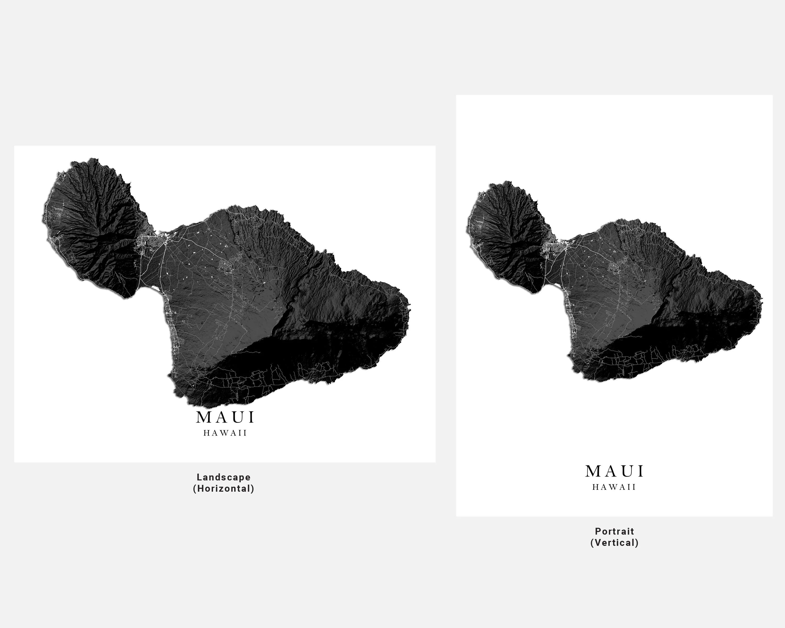 Maui Hawaii Map Wall Art Print Poster, Black and White Topographic Hawaiian Islands Maps, Lahaina Town Haleakala Kihei Hana