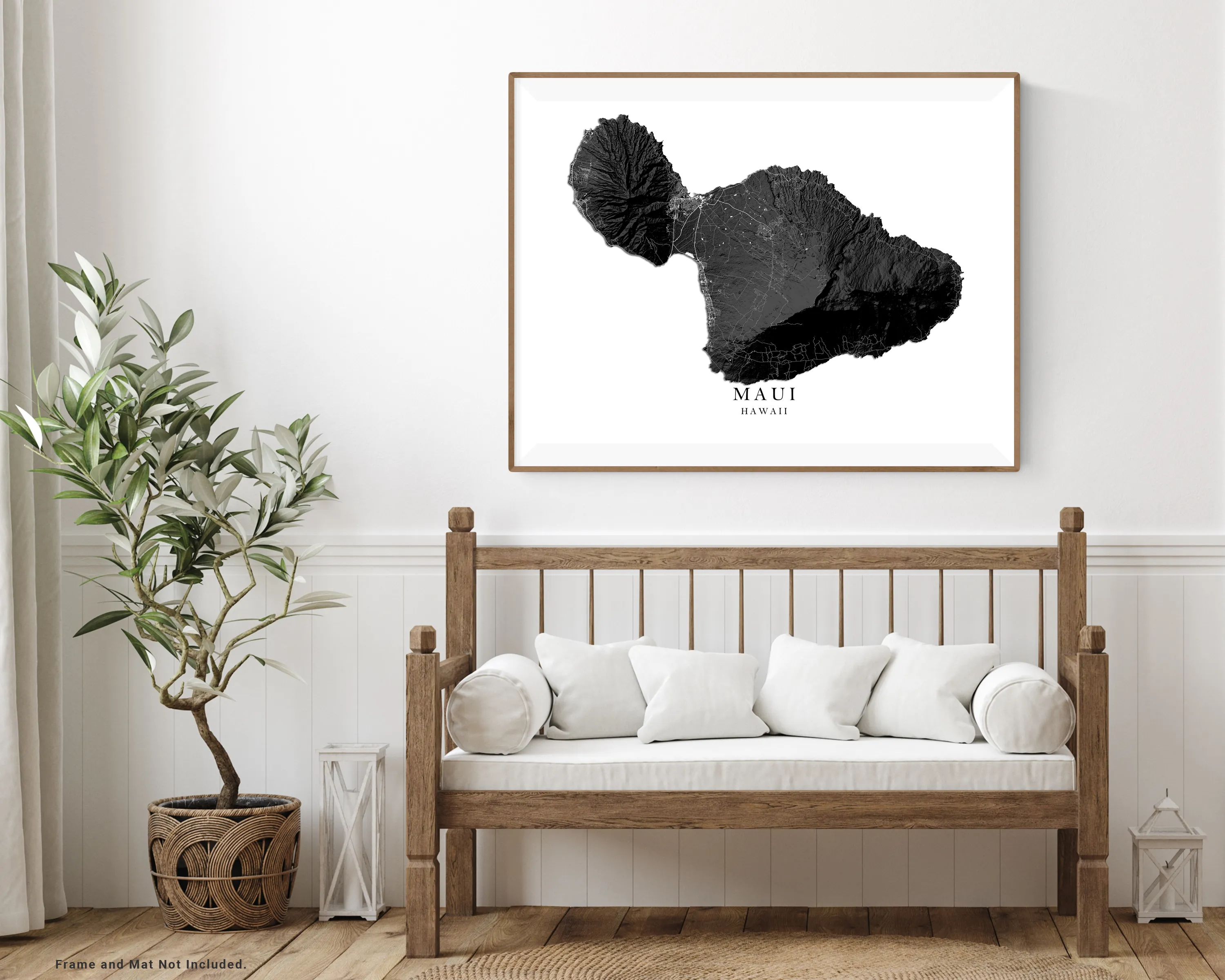 Maui Hawaii Map Wall Art Print Poster, Black and White Topographic Hawaiian Islands Maps, Lahaina Town Haleakala Kihei Hana