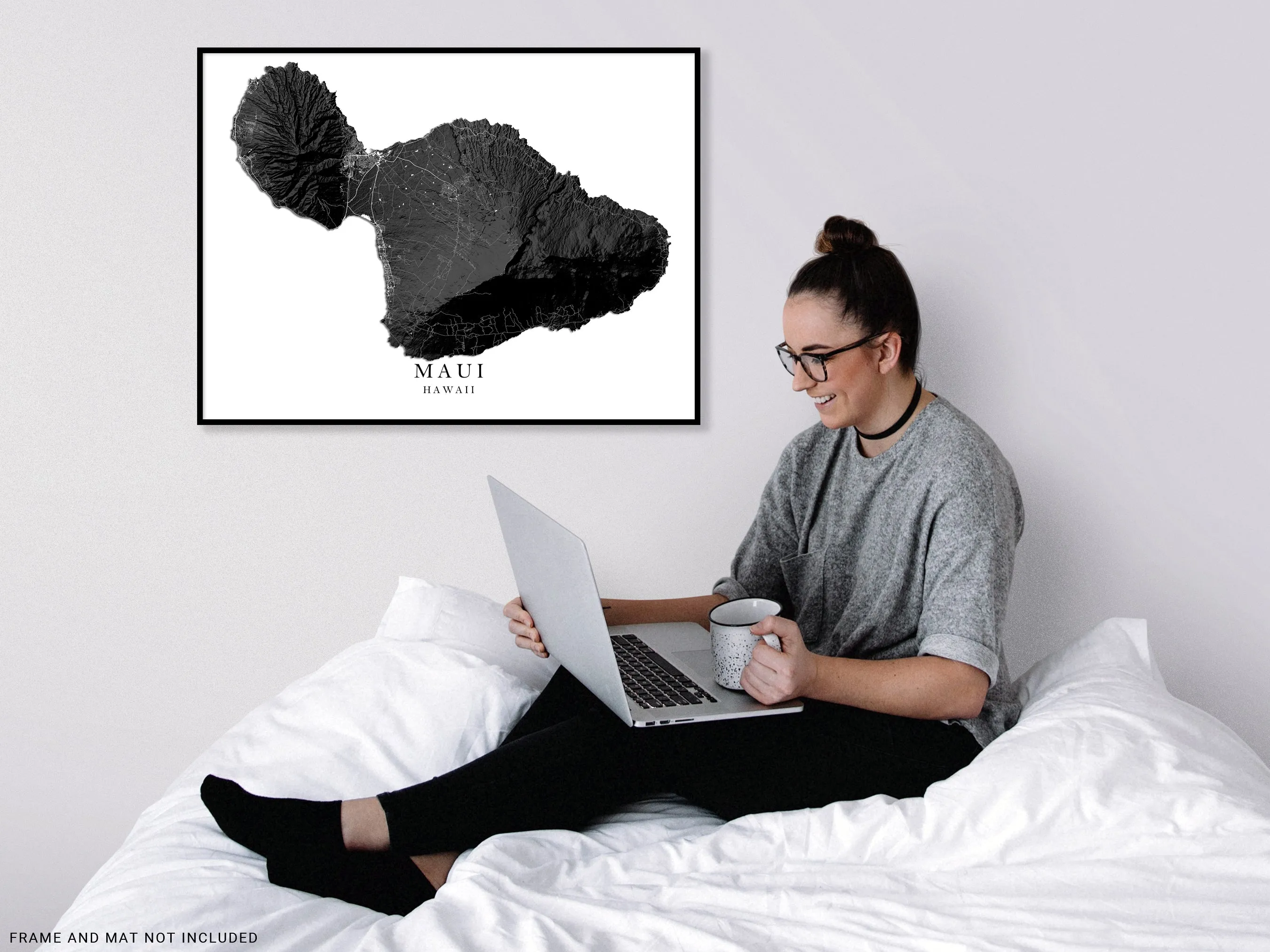 Maui Hawaii Map Wall Art Print Poster, Black and White Topographic Hawaiian Islands Maps, Lahaina Town Haleakala Kihei Hana