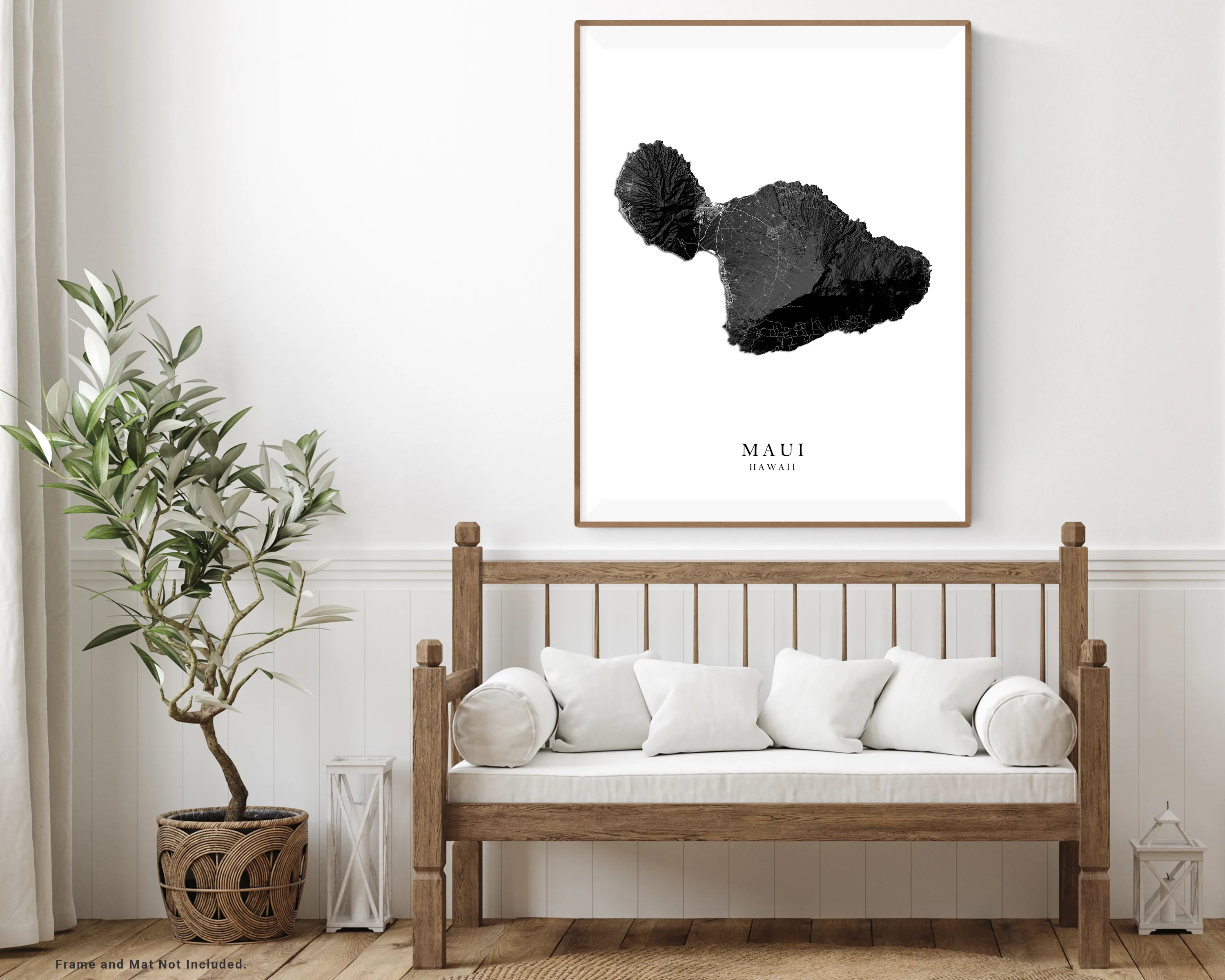 Maui Hawaii Map Wall Art Print Poster, Black and White Topographic Hawaiian Islands Maps, Lahaina Town Haleakala Kihei Hana