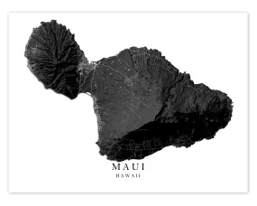 Maui Hawaii Map Wall Art Print Poster, Black and White Topographic Hawaiian Islands Maps, Lahaina Town Haleakala Kihei Hana