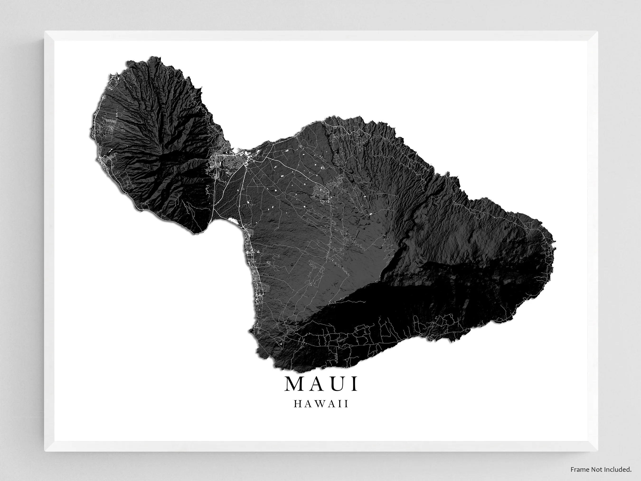 Maui Hawaii Map Wall Art Print Poster, Black and White Topographic Hawaiian Islands Maps, Lahaina Town Haleakala Kihei Hana