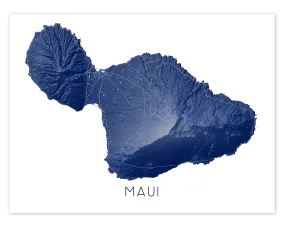 Maui Island Hawaii Map Wall Art Print Poster - Topographic Map of Maui Hawaiian Islands Road Maps